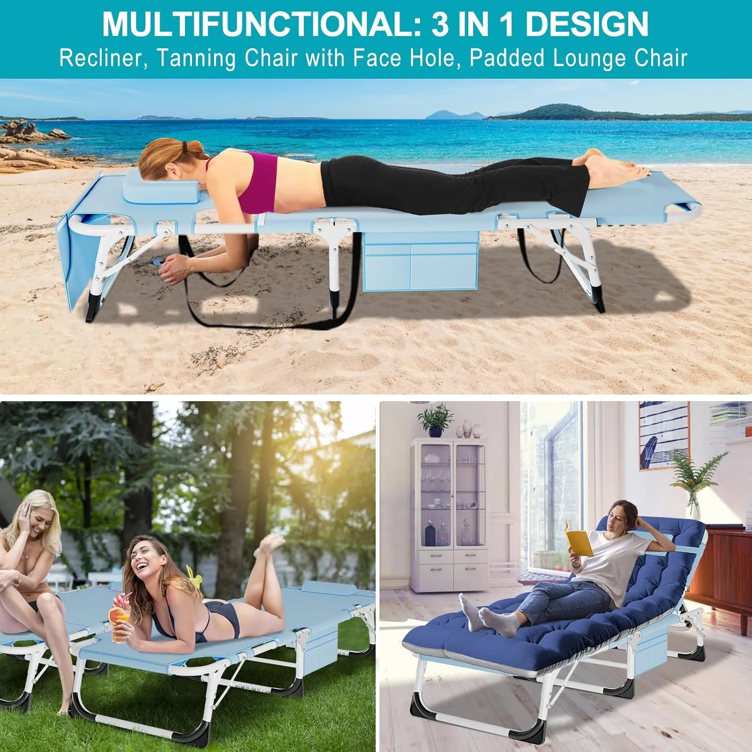 ABORON 3 in 1 Sun Tanning Chair, Heavy Duty Folding Chaise Lounge Chairs, Oversized with Mat/Pillow/Face Arm Hole, for Beach Pool Lawn Yard Patio