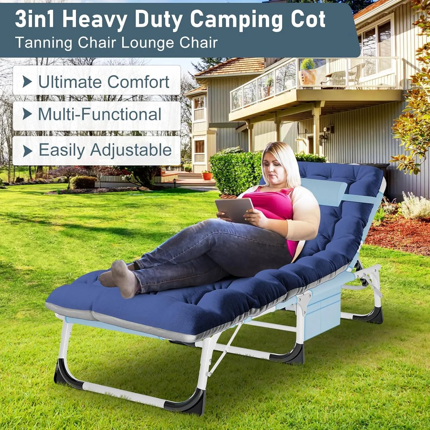 ABORON 3 in 1 Sun Tanning Chair, Heavy Duty Folding Chaise Lounge Chairs, Oversized with Mat/Pillow/Face Arm Hole, for Beach Pool Lawn Yard Patio