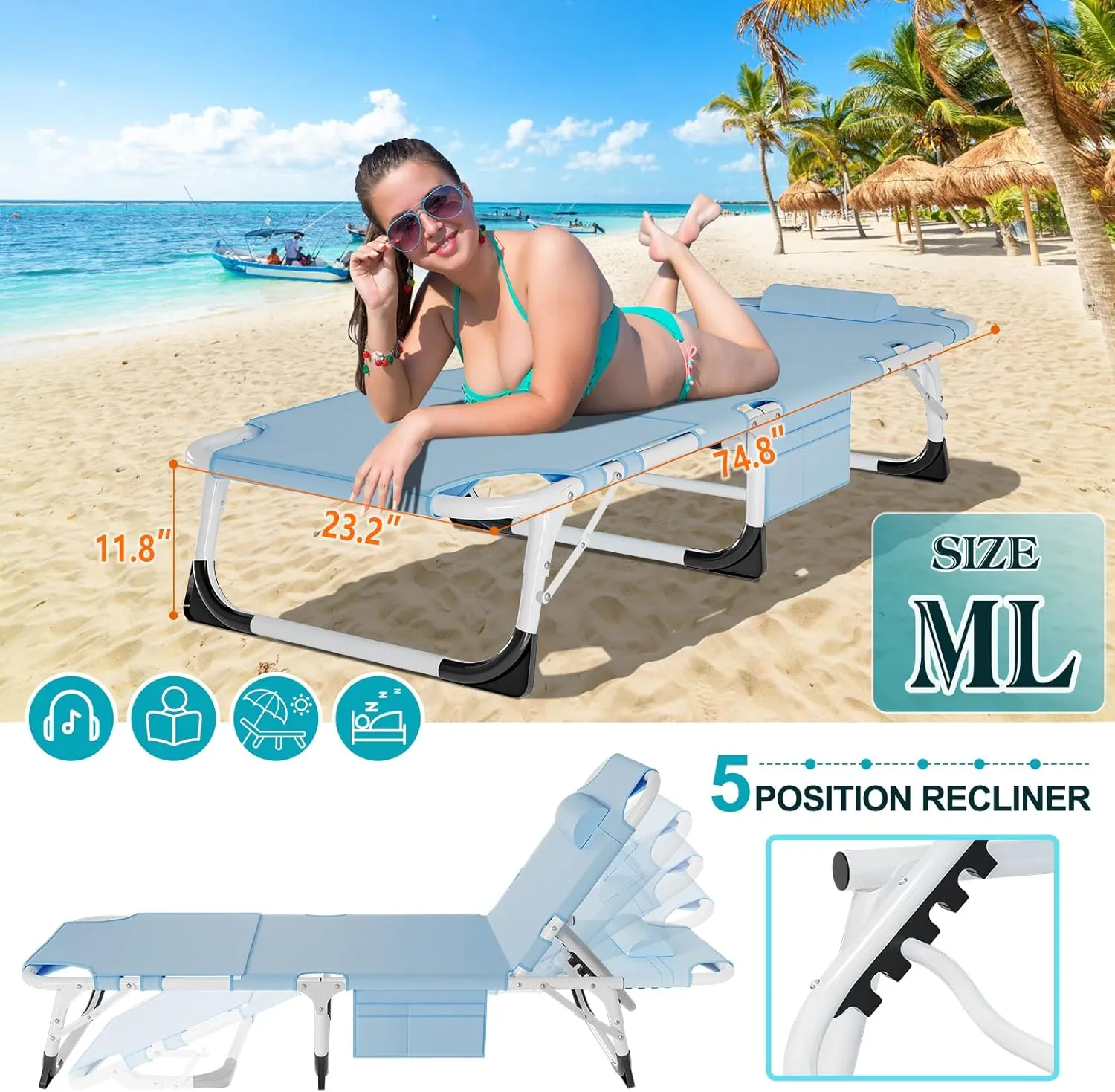 ABORON 3 in 1 Sun Tanning Chair, Heavy Duty Folding Chaise Lounge Chairs, Oversized with Mat/Pillow/Face Arm Hole, for Beach Pool Lawn Yard Patio