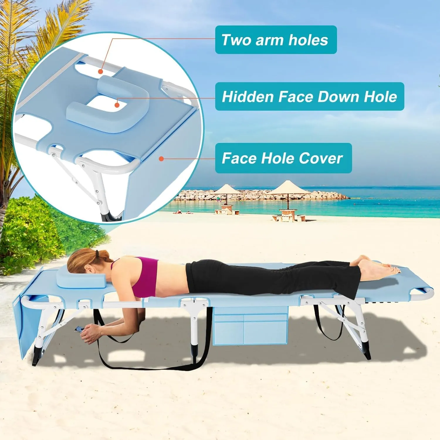 ABORON 3 in 1 Sun Tanning Chair, Heavy Duty Folding Chaise Lounge Chairs, Oversized with Mat/Pillow/Face Arm Hole, for Beach Pool Lawn Yard Patio