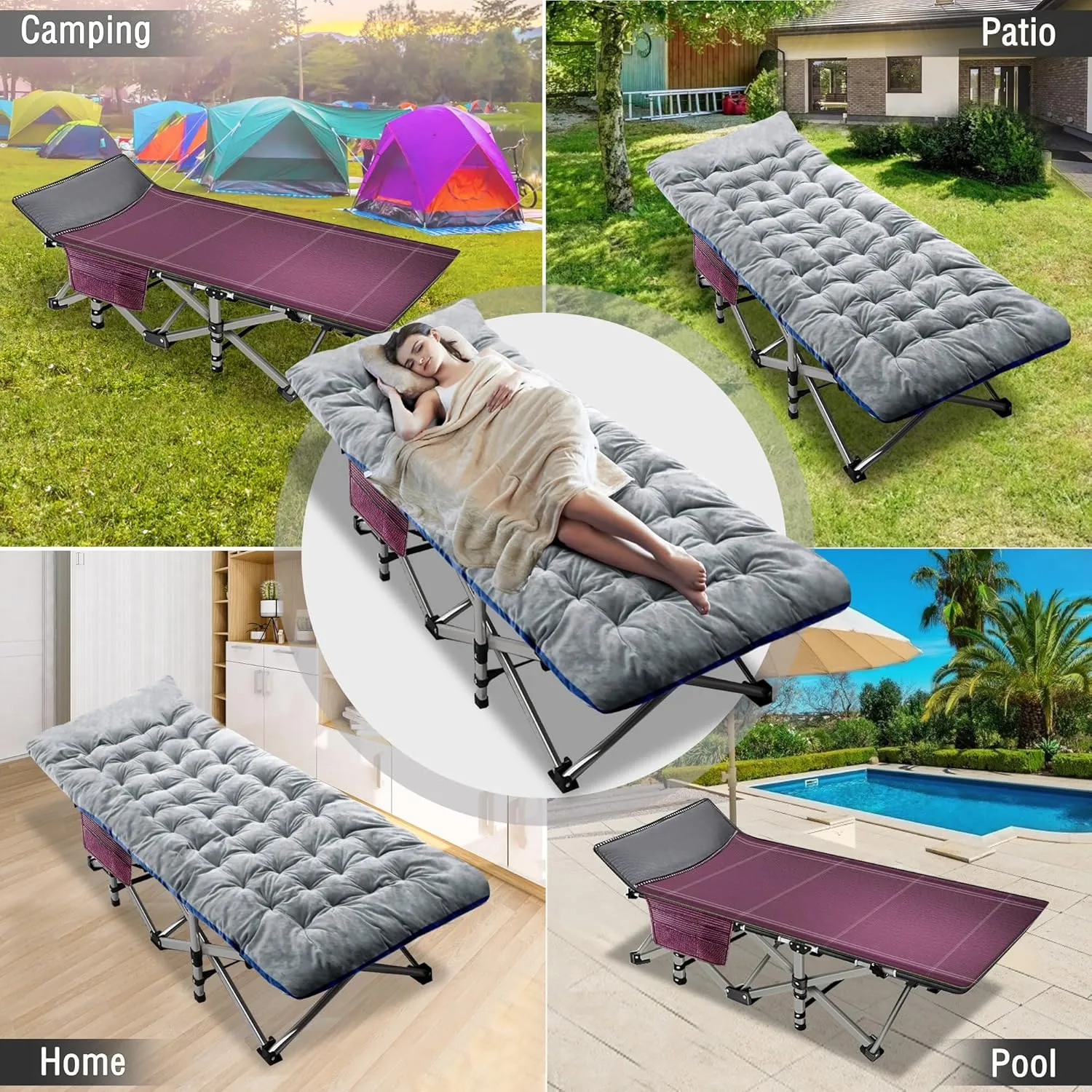 ABORON Folding Camping Cot W/Mat for Adults, Heavy Duty Outdoor Bed with Carry Bag,1200 D Layer Oxford Travel Camp Cots