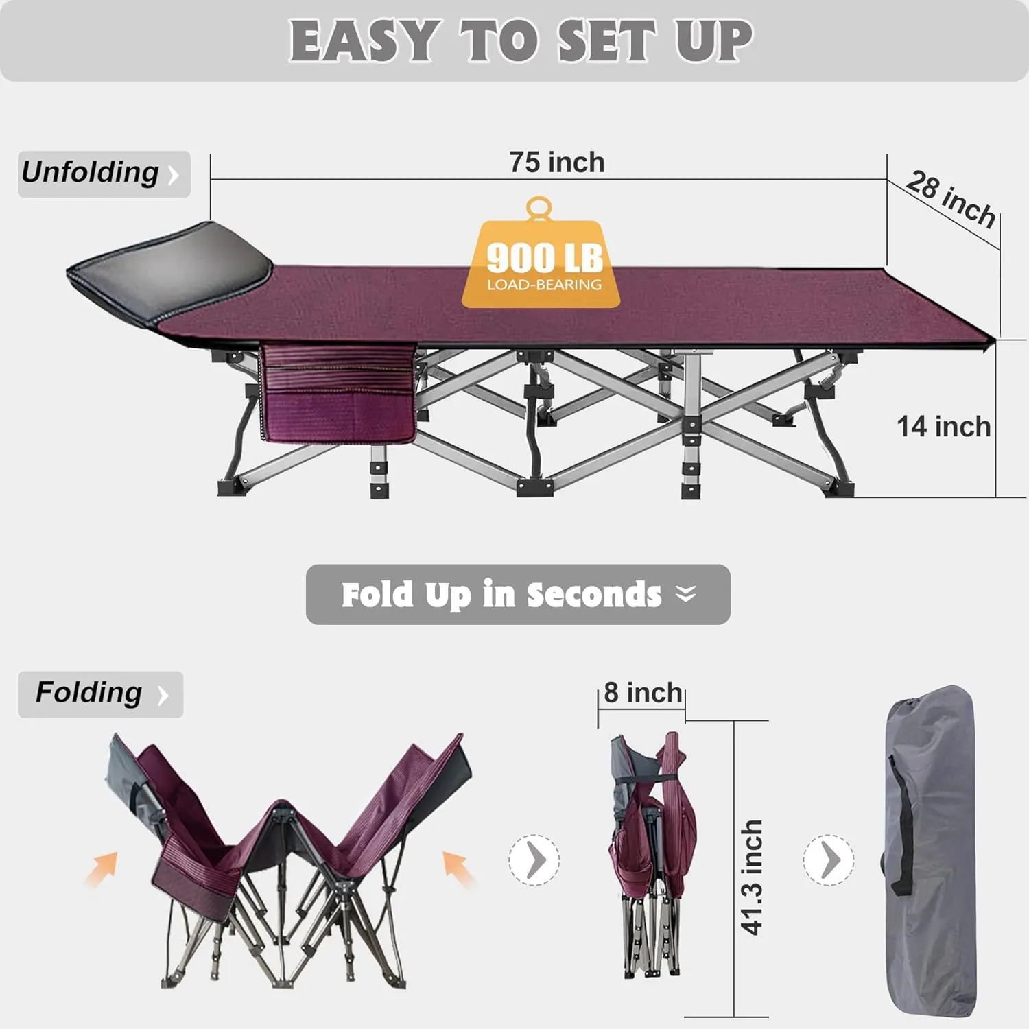 ABORON Folding Camping Cot W/Mat for Adults, Heavy Duty Outdoor Bed with Carry Bag,1200 D Layer Oxford Travel Camp Cots