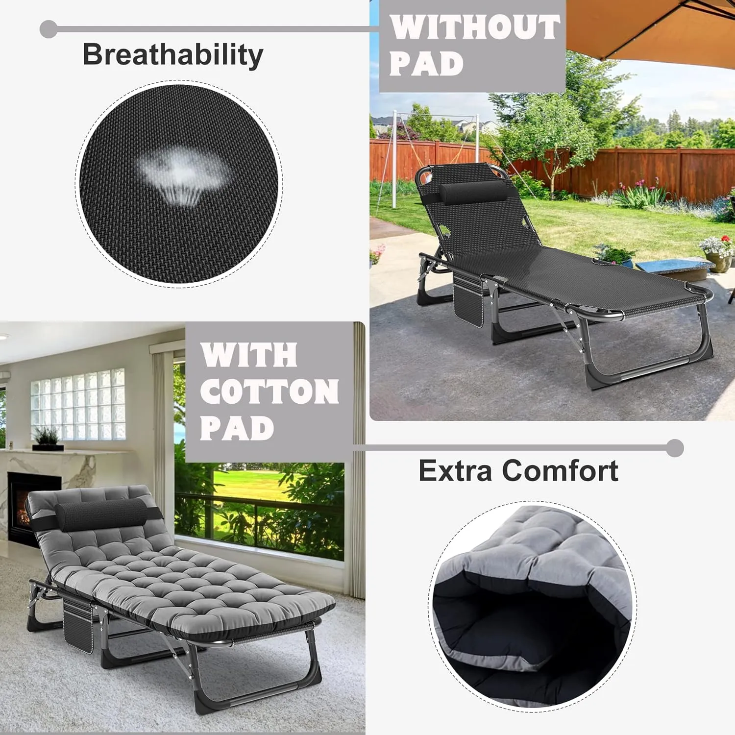 ABORON Heavy Duty Tanning Chair, 5-Gear Outdoor Folding Chaise Lounge Chair with Cushion,Portable Beach Lounge Chair for Outdoor Sunbathing Patio Pool Lawn Deck Poolside