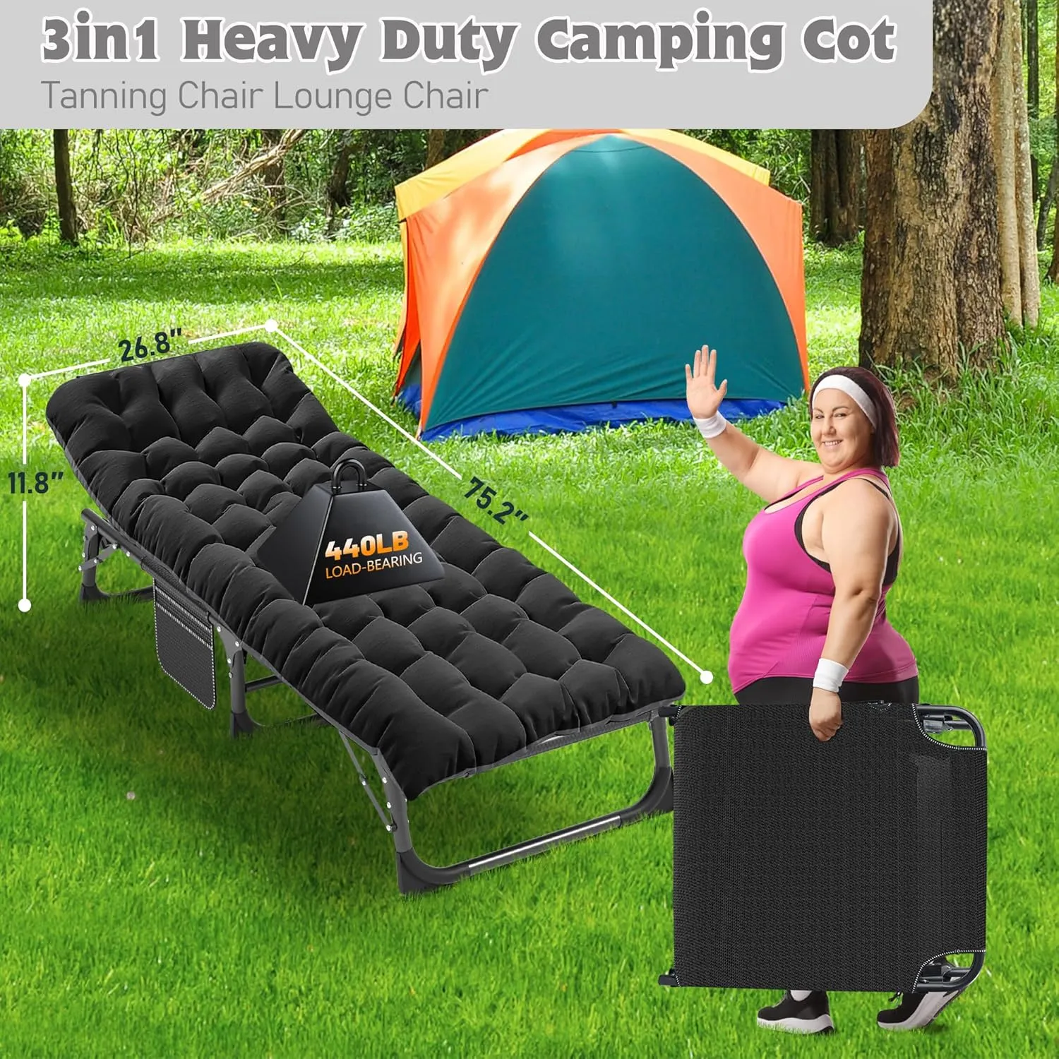 ABORON Heavy Duty Tanning Chair, 5-Gear Outdoor Folding Chaise Lounge Chair with Cushion,Portable Beach Lounge Chair for Outdoor Sunbathing Patio Pool Lawn Deck Poolside