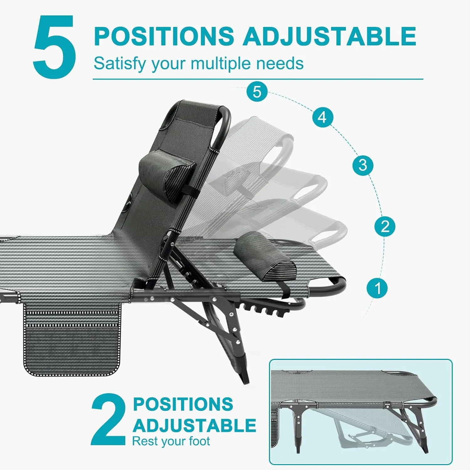 ABORON Heavy Duty Tanning Chair, 5-Gear Outdoor Folding Chaise Lounge Chair with Cushion,Portable Beach Lounge Chair for Outdoor Sunbathing Patio Pool Lawn Deck Poolside