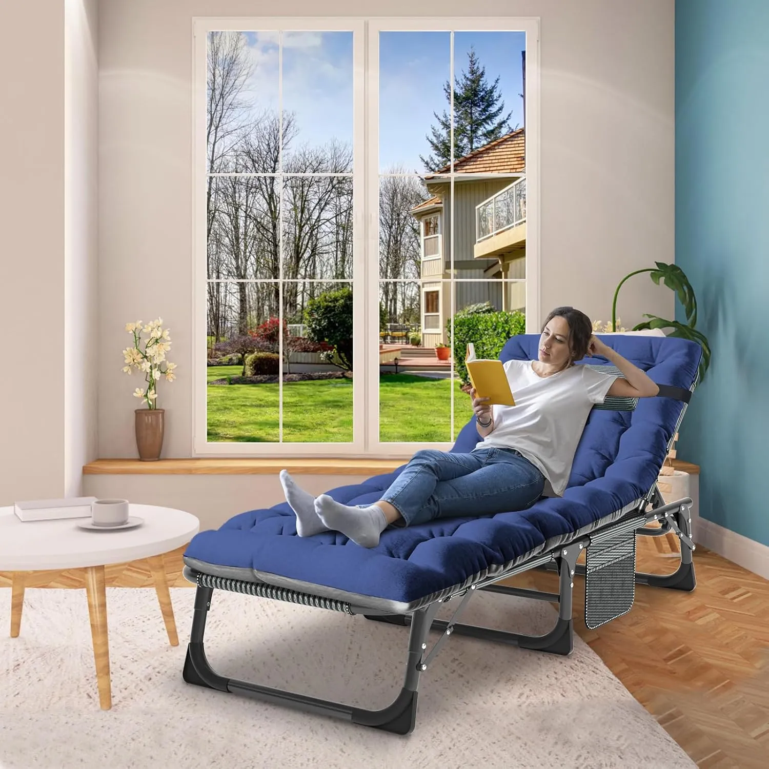 ABORON Heavy Duty Tanning Chair, 5-Gear Outdoor Folding Chaise Lounge Chair with Cushion,Portable Beach Lounge Chair for Outdoor Sunbathing Patio Pool Lawn Deck Poolside