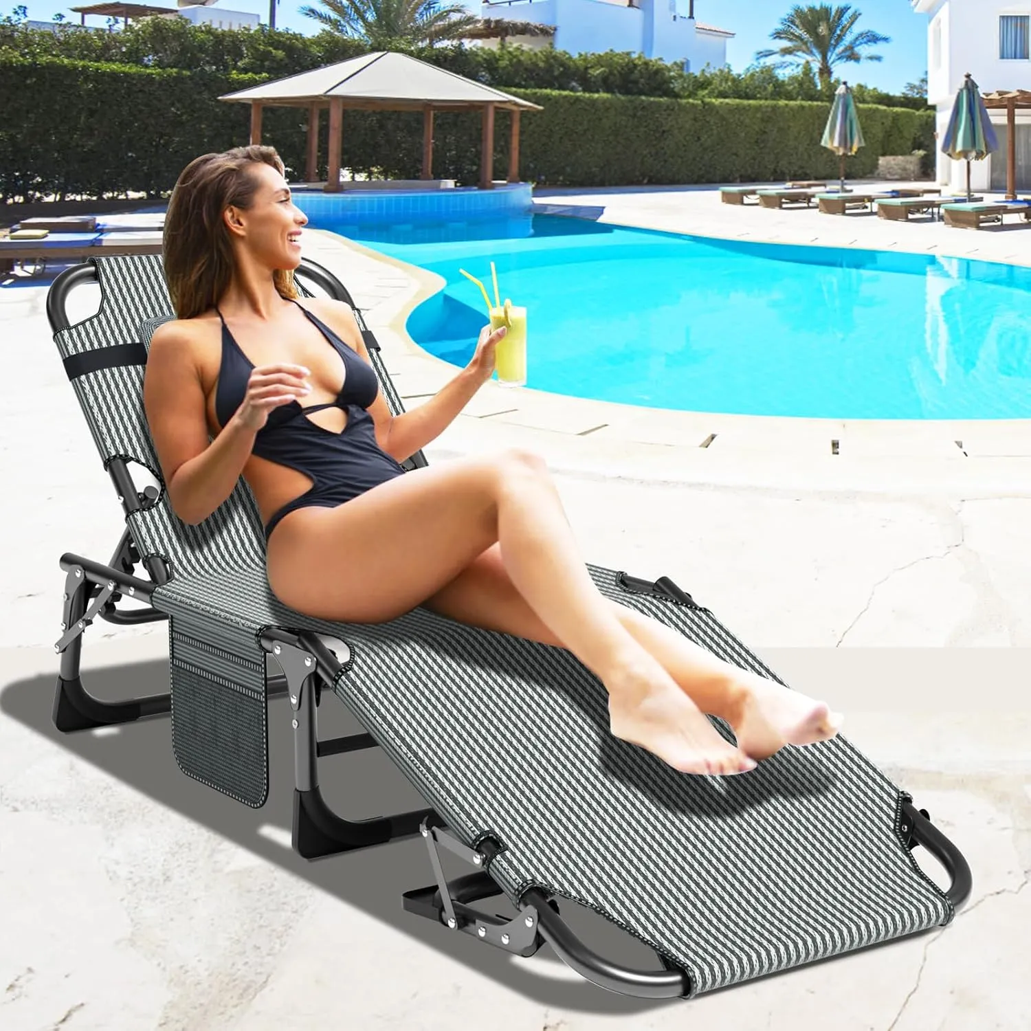 ABORON Heavy Duty Tanning Chair, 5-Gear Outdoor Folding Chaise Lounge Chair with Cushion,Portable Beach Lounge Chair for Outdoor Sunbathing Patio Pool Lawn Deck Poolside