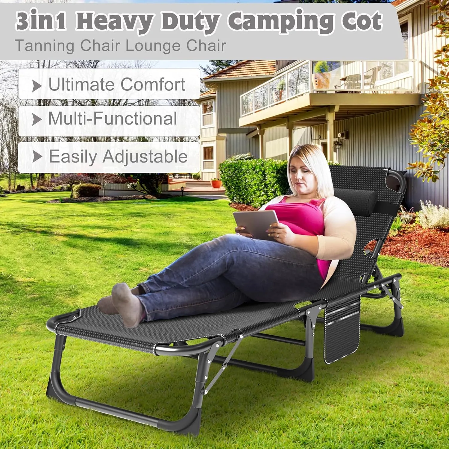 ABORON Heavy Duty Tanning Chair, 5-Gear Outdoor Folding Chaise Lounge Chair with Cushion,Portable Beach Lounge Chair for Outdoor Sunbathing Patio Pool Lawn Deck Poolside