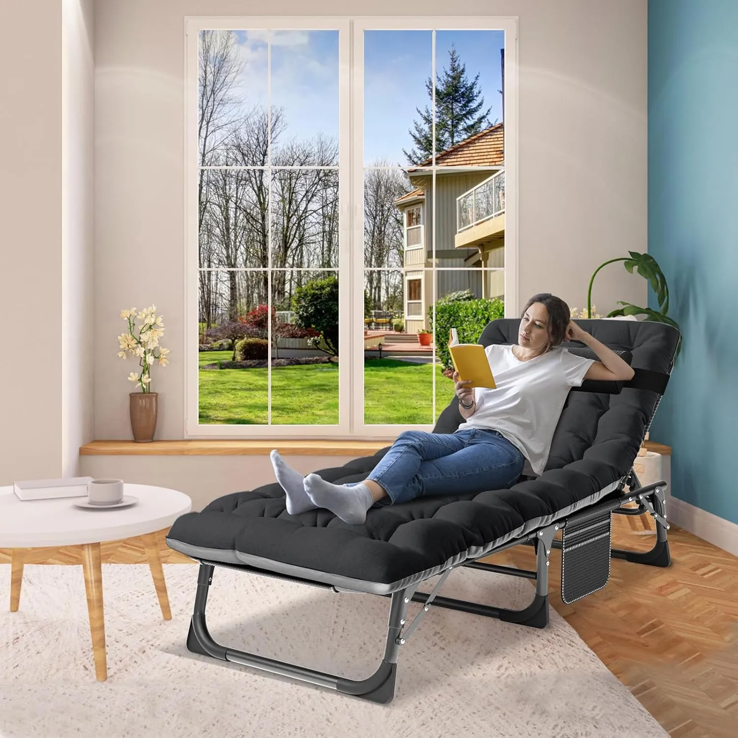ABORON Heavy Duty Tanning Chair, 5-Gear Outdoor Folding Chaise Lounge Chair with Cushion,Portable Beach Lounge Chair for Outdoor Sunbathing Patio Pool Lawn Deck Poolside