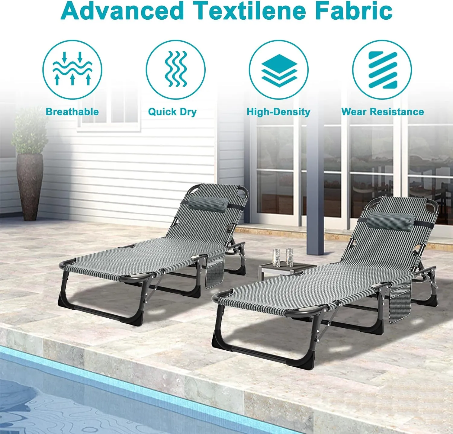ABORON Heavy Duty Tanning Chair, 5-Gear Outdoor Folding Chaise Lounge Chair with Cushion,Portable Beach Lounge Chair for Outdoor Sunbathing Patio Pool Lawn Deck Poolside