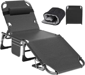 ABORON Heavy Duty Tanning Chair, 5-Gear Outdoor Folding Chaise Lounge Chair with Cushion,Portable Beach Lounge Chair for Outdoor Sunbathing Patio Pool Lawn Deck Poolside