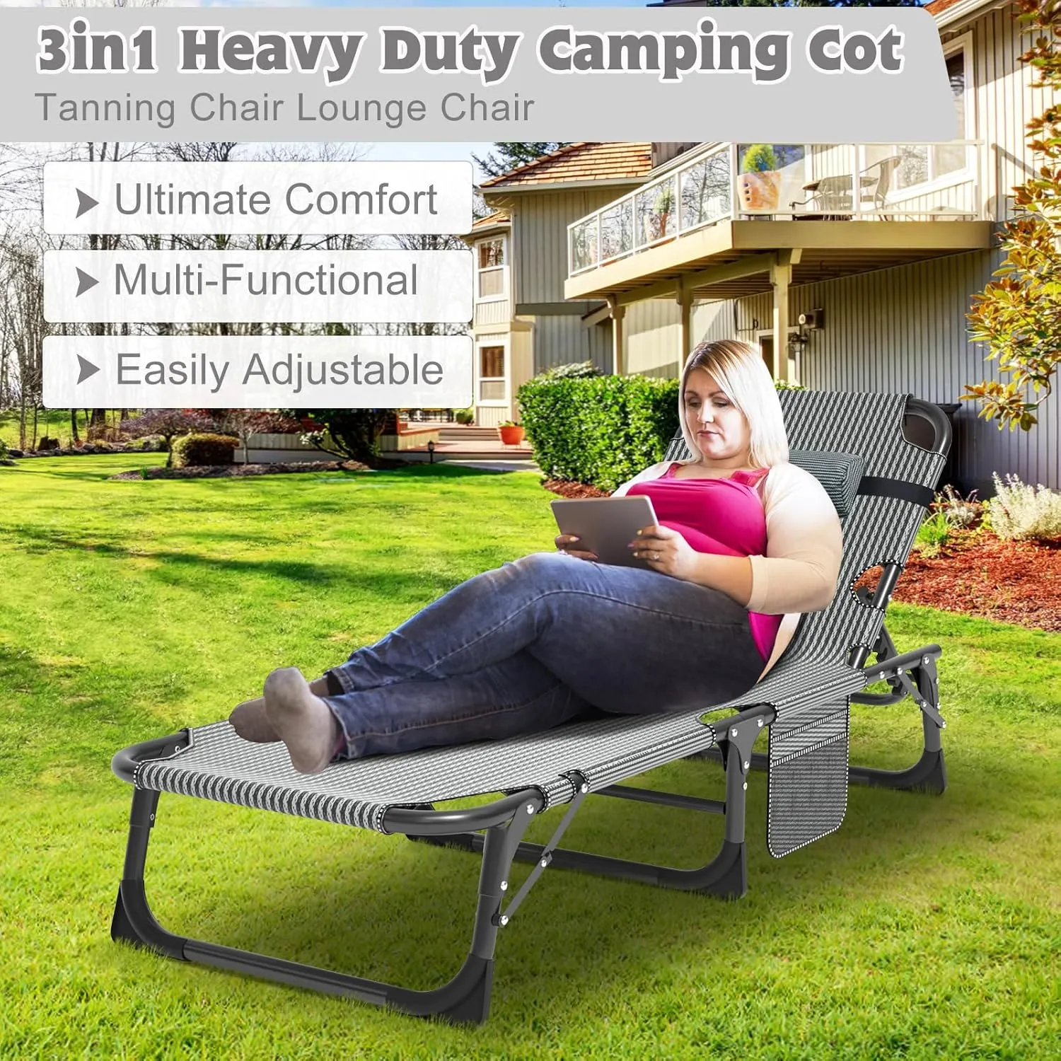 ABORON Heavy Duty Tanning Chair, 5-Gear Outdoor Folding Chaise Lounge Chair with Cushion,Portable Beach Lounge Chair for Outdoor Sunbathing Patio Pool Lawn Deck Poolside