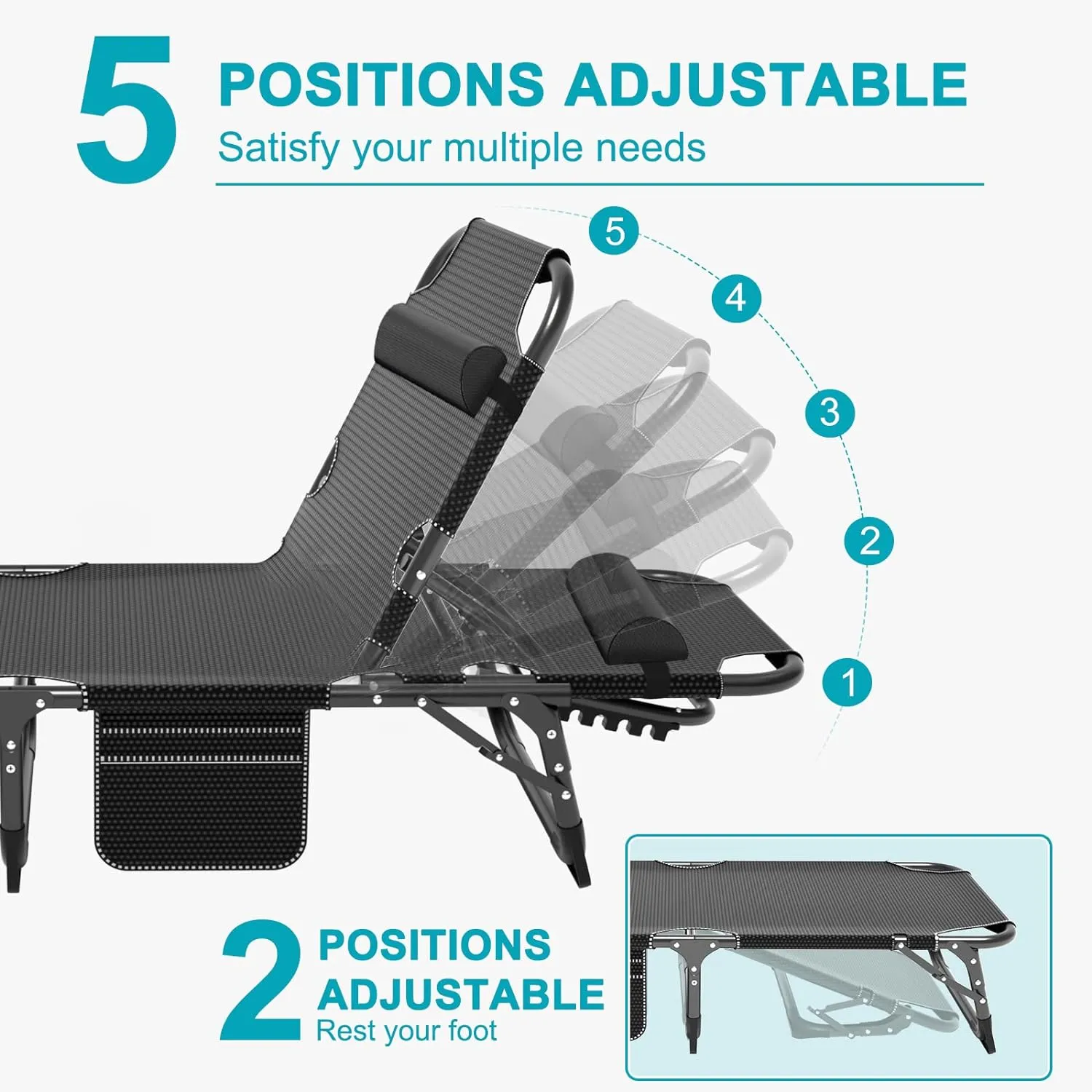 ABORON Heavy Duty Tanning Chair, 5-Gear Outdoor Folding Chaise Lounge Chair with Cushion,Portable Beach Lounge Chair for Outdoor Sunbathing Patio Pool Lawn Deck Poolside