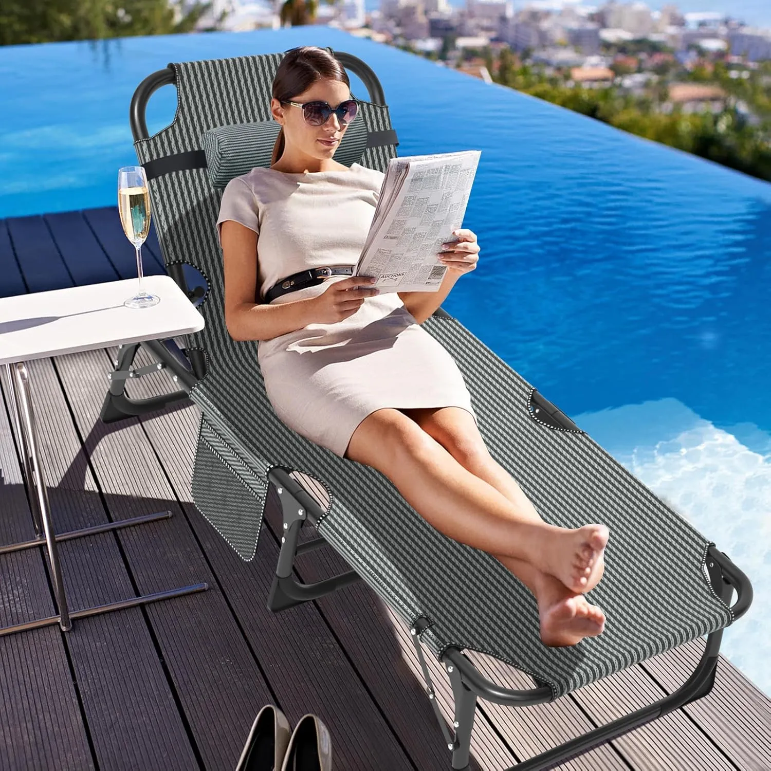 ABORON Heavy Duty Tanning Chair, 5-Gear Outdoor Folding Chaise Lounge Chair with Cushion,Portable Beach Lounge Chair for Outdoor Sunbathing Patio Pool Lawn Deck Poolside