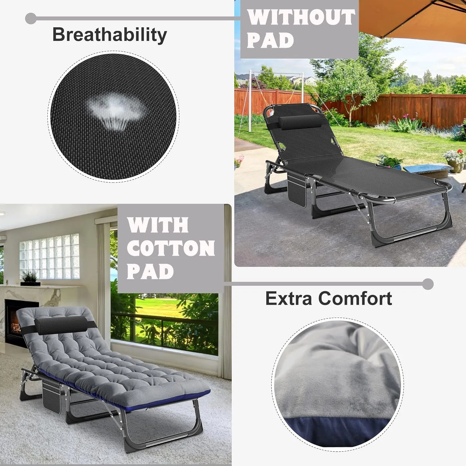 ABORON Heavy Duty Tanning Chair, 5-Gear Outdoor Folding Chaise Lounge Chair with Cushion,Portable Beach Lounge Chair for Outdoor Sunbathing Patio Pool Lawn Deck Poolside