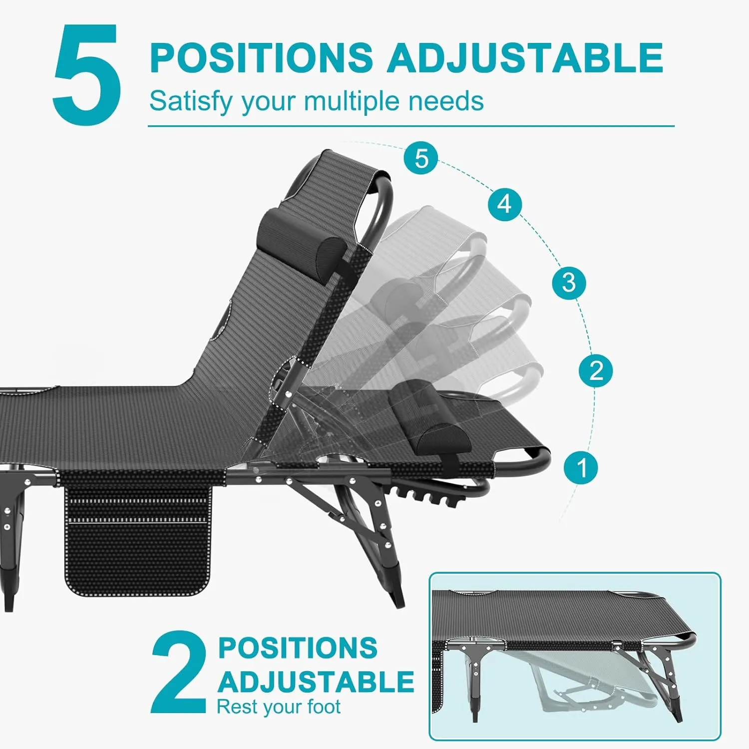 ABORON Heavy Duty Tanning Chair, 5-Gear Outdoor Folding Chaise Lounge Chair with Cushion,Portable Beach Lounge Chair for Outdoor Sunbathing Patio Pool Lawn Deck Poolside