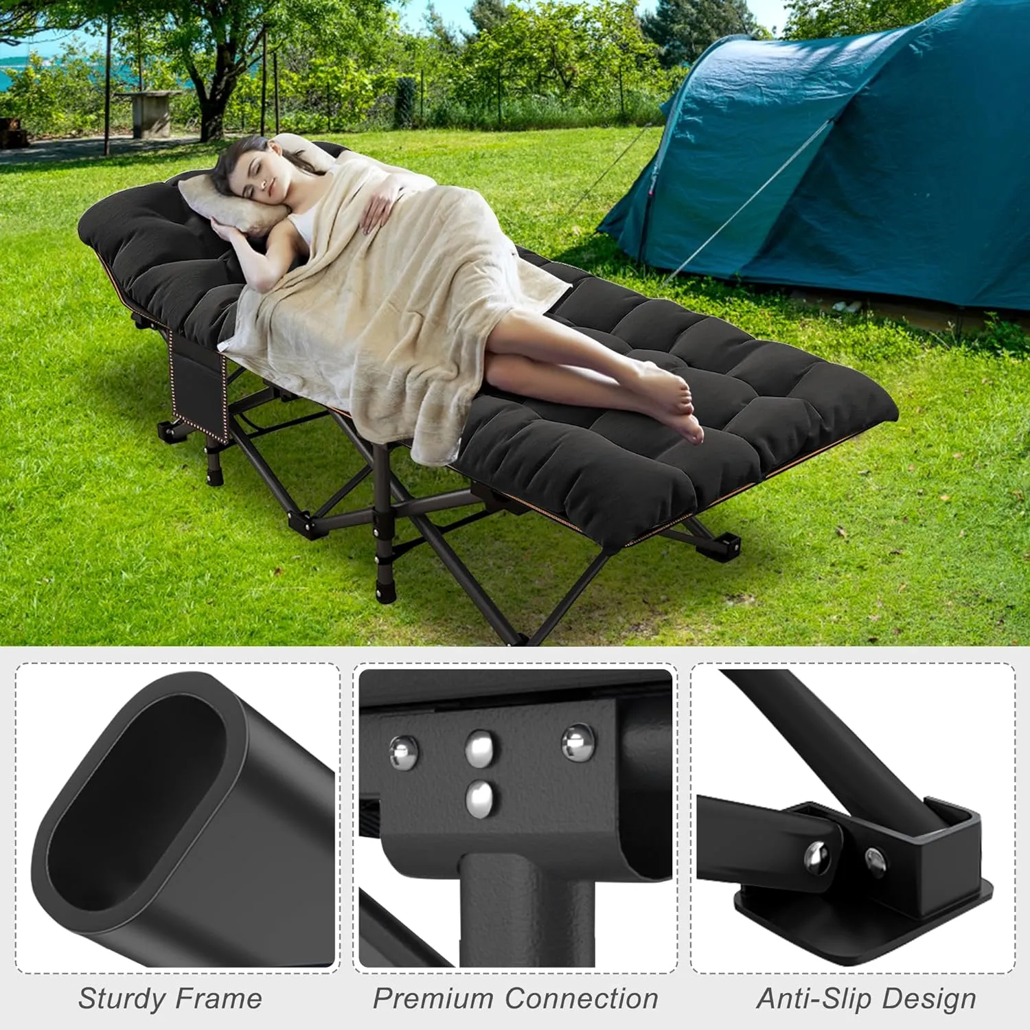 ABORON Oversized XXL Folding Camping Cot W/Mat for Adults, 78" L x 32" W x 18" H, Heavy Duty Outdoor Bed with Carry Bag,1200 D Layer Oxford Travel Camp Cots
