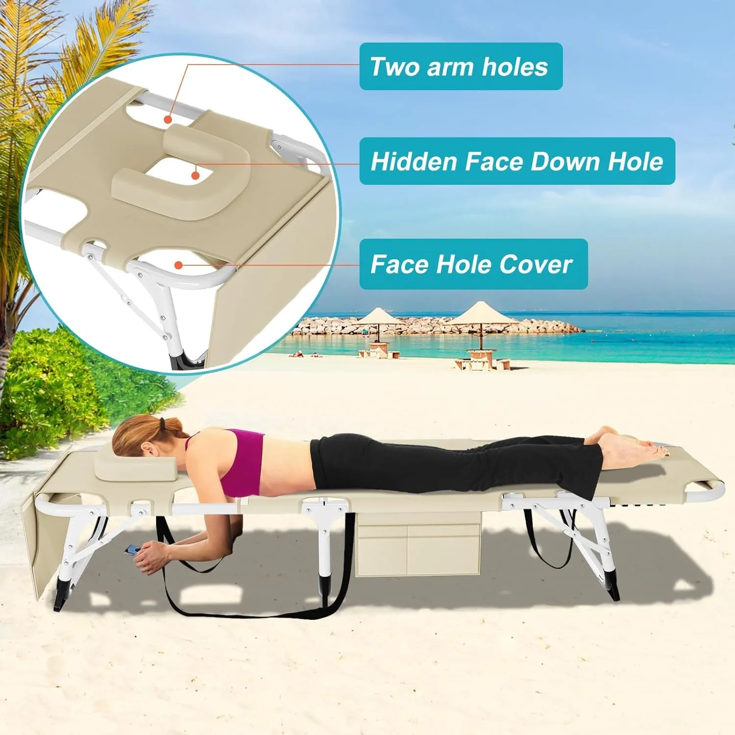 ABORON Sun Tanning Chair, 3in1 5 Positions Adjustable Heavy Duty Folding Chaise Lounge Chairs, Oversized with Mat/Pillow/Face Arm Hole, for Beach Pool Lawn Yard Patio