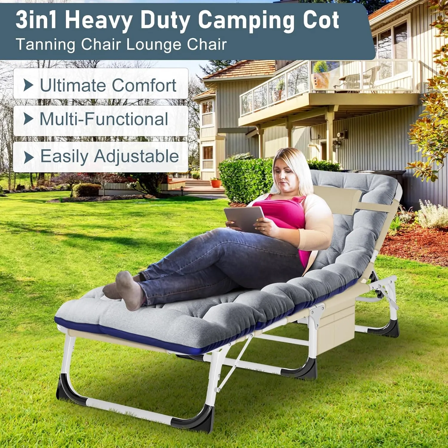 ABORON Sun Tanning Chair, 3in1 5 Positions Adjustable Heavy Duty Folding Chaise Lounge Chairs, Oversized with Mat/Pillow/Face Arm Hole, for Beach Pool Lawn Yard Patio