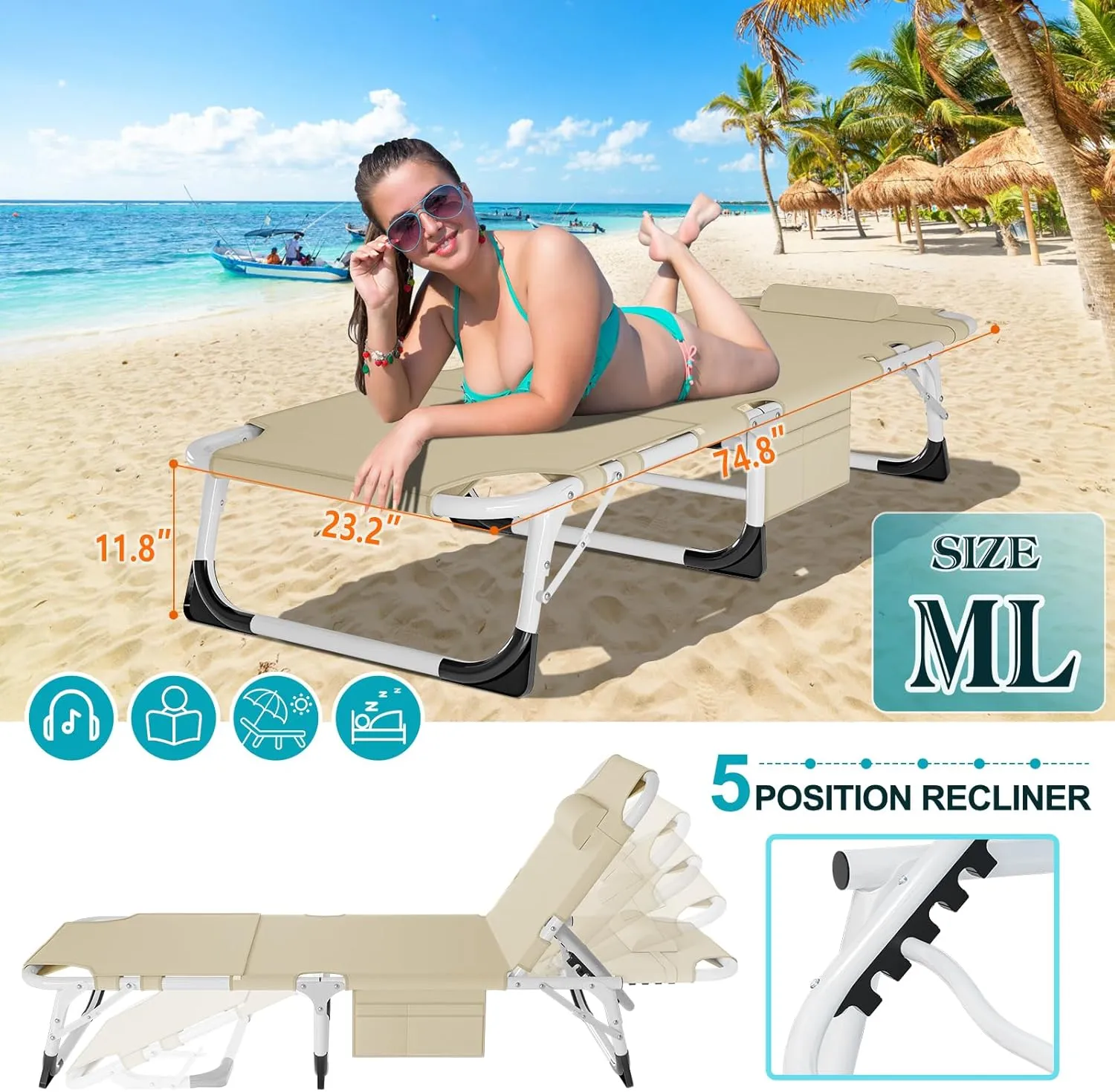 ABORON Sun Tanning Chair, 3in1 5 Positions Adjustable Heavy Duty Folding Chaise Lounge Chairs, Oversized with Mat/Pillow/Face Arm Hole, for Beach Pool Lawn Yard Patio