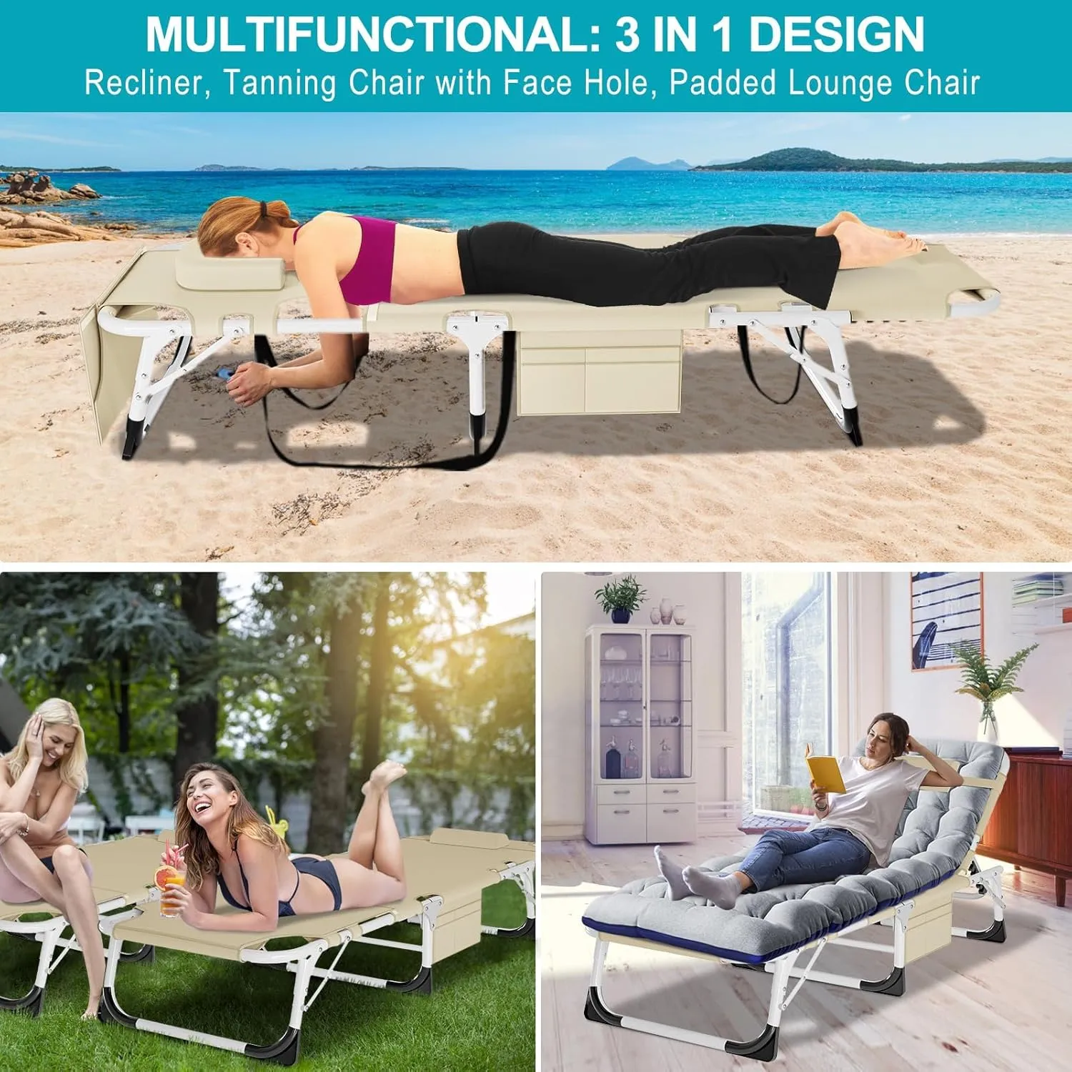 ABORON Sun Tanning Chair, 3in1 5 Positions Adjustable Heavy Duty Folding Chaise Lounge Chairs, Oversized with Mat/Pillow/Face Arm Hole, for Beach Pool Lawn Yard Patio