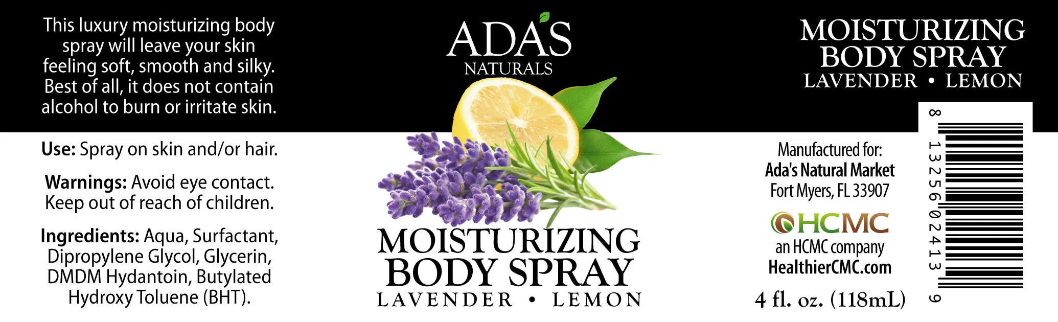 Ada's Naturals - Moisturizing Body Spray - Lavender • Lemon (4 oz / 118mL)