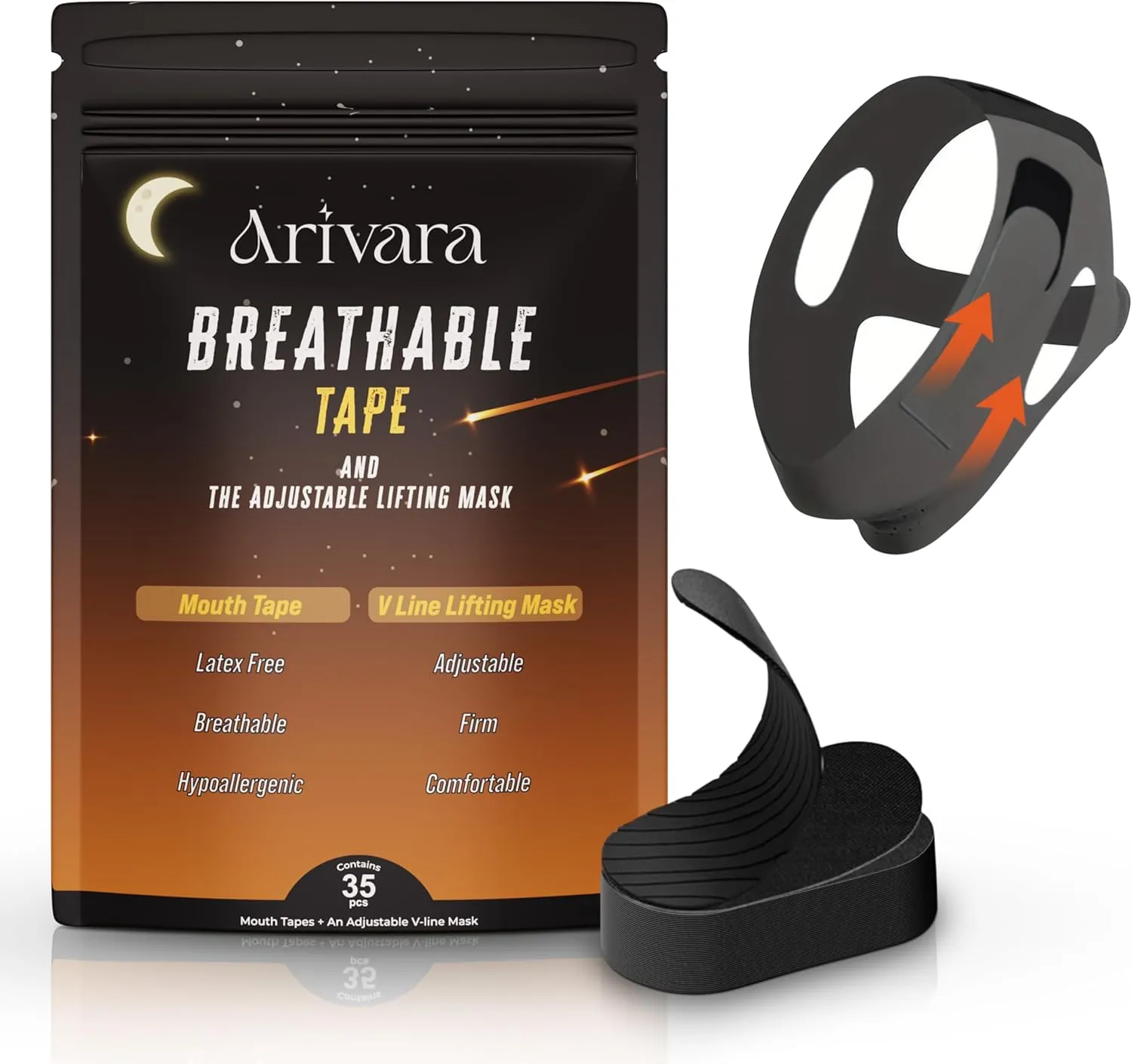 Adjustable Anti Snoring Mask Kit With Nasal Strips (60 Pack), Silky Anti Snoring Jaw Strap, Hypoallerginic & Breathable Nasal Strips, Gender Neutural V-line Lifting Mask, Black & Medium
