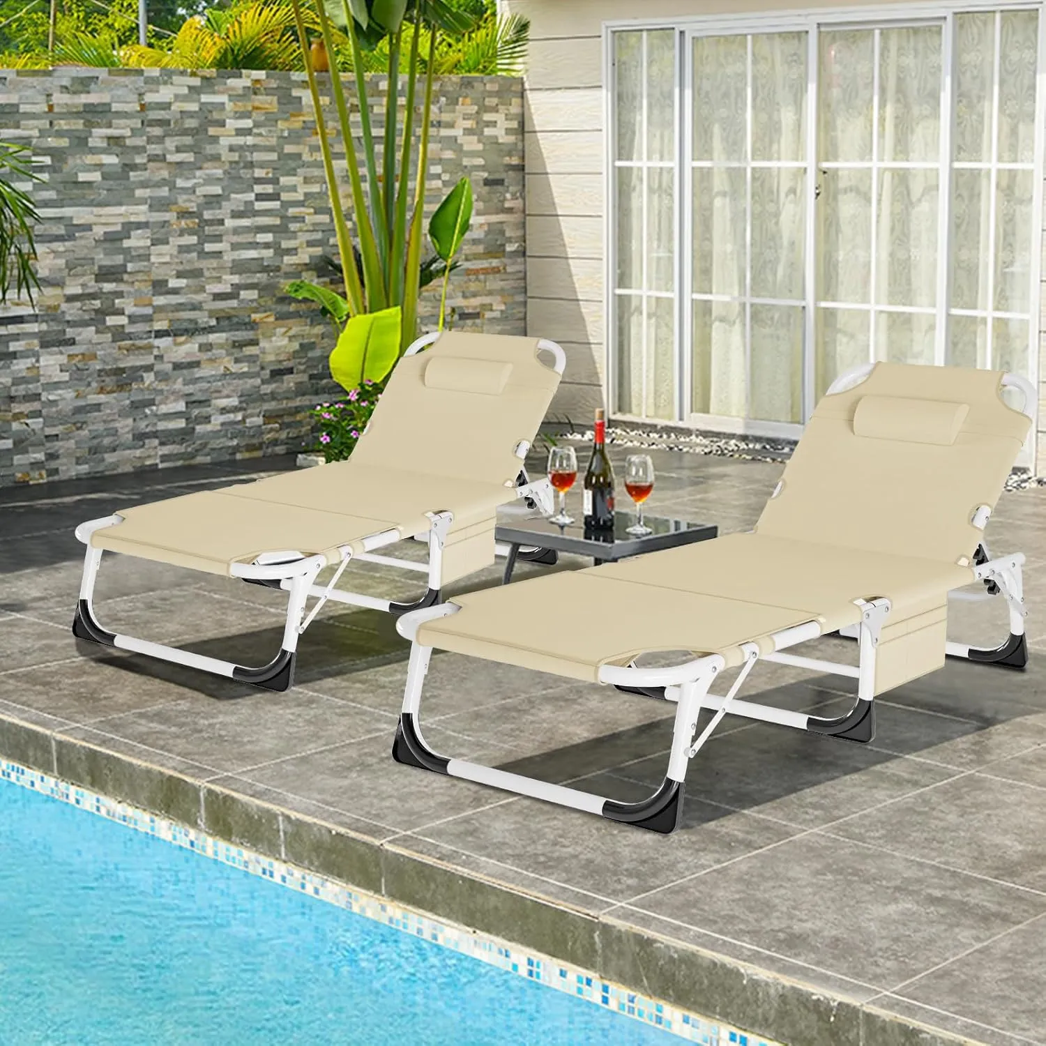 Adjustable Folding Camping Cot for Adults - Heavy Duty 1200D Oxford Bed with Mat & Face Arm Hole - Perfect for Beach, Pool, Lawn, Yard & Patio Outdoor Use