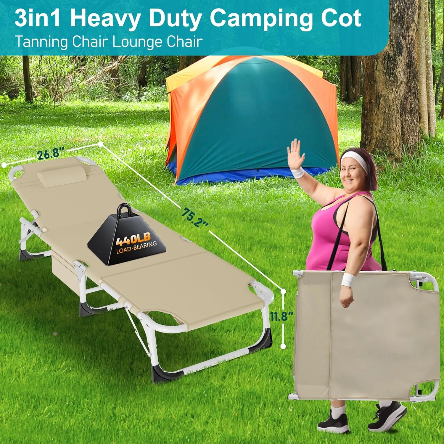 Adjustable Folding Camping Cot for Adults - Heavy Duty 1200D Oxford Bed with Mat & Face Arm Hole - Perfect for Beach, Pool, Lawn, Yard & Patio Outdoor Use