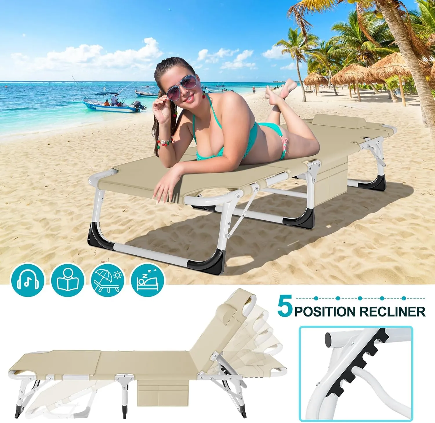 Adjustable Folding Camping Cot for Adults - Heavy Duty 1200D Oxford Bed with Mat & Face Arm Hole - Perfect for Beach, Pool, Lawn, Yard & Patio Outdoor Use