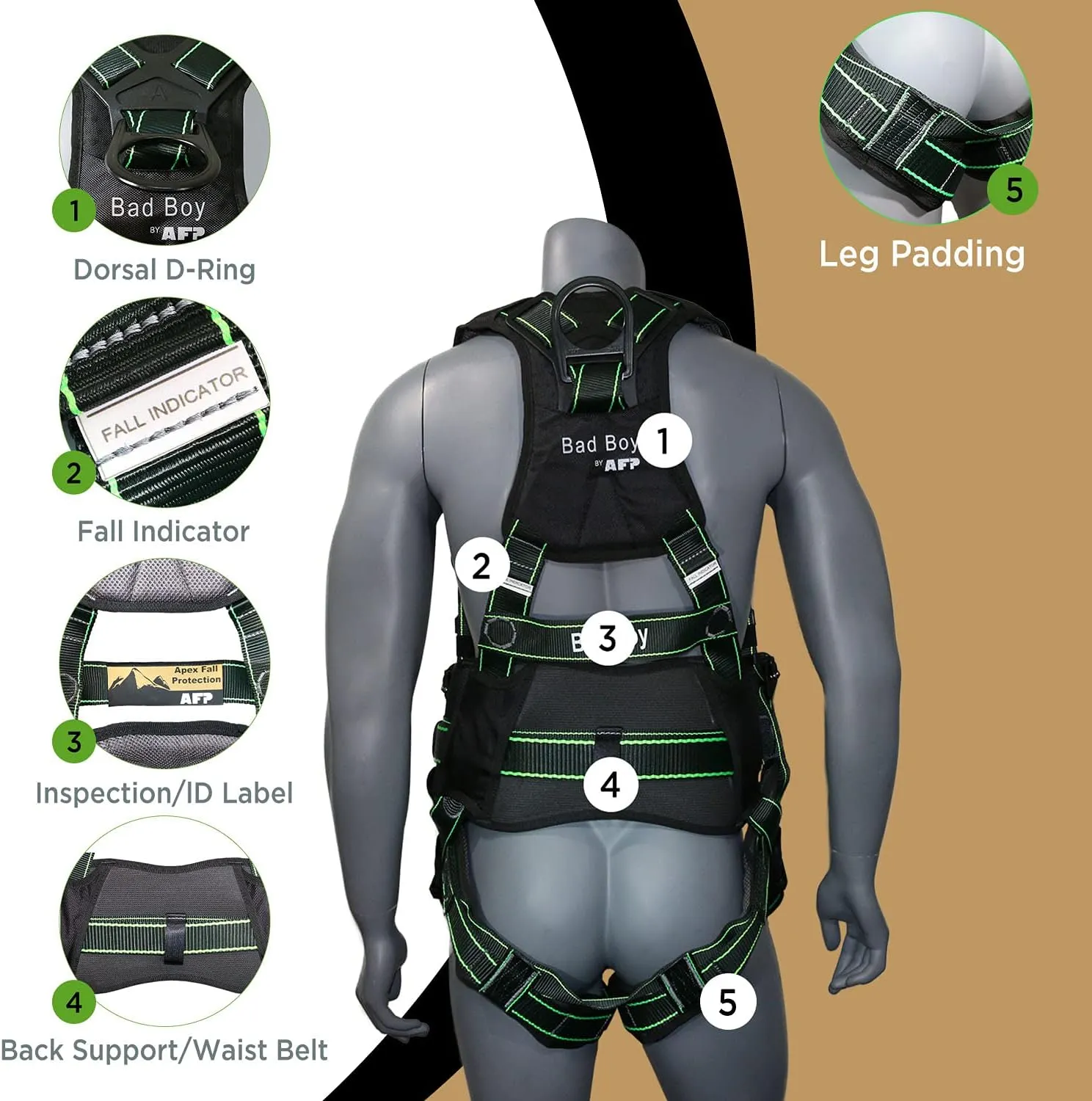 AFP Fall Protection Full-Body Premium Safety Harness, 8” Thick Support Belt, Aluminum D-Rings, Tongue Buckle (OSHA/ANSI PPE)