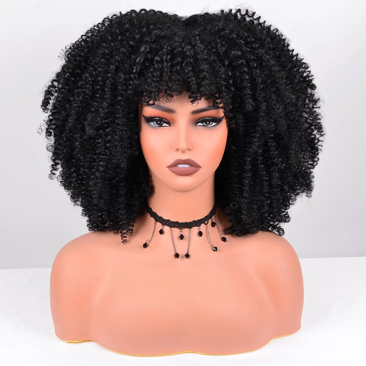 Afro Curly Wig with Bangs 12 Inches Synthetic Afro Wig for Women about 280g/Pcs Heat Resistant Black Short Kinky Curly Wigs for Daily Party