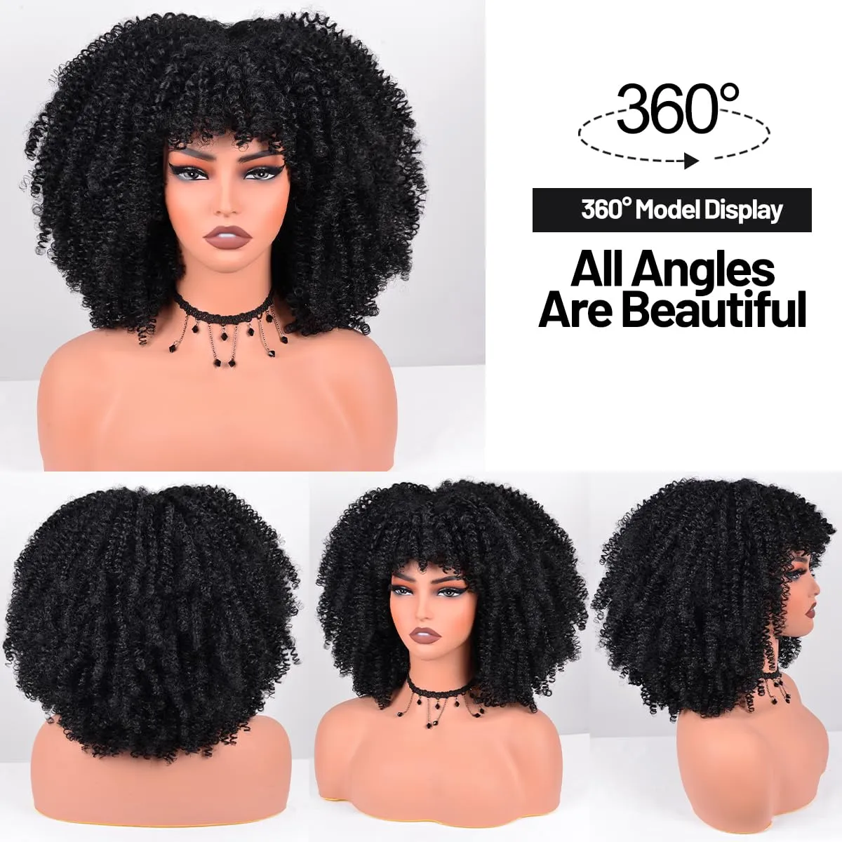 Afro Curly Wig with Bangs 12 Inches Synthetic Afro Wig for Women about 280g/Pcs Heat Resistant Black Short Kinky Curly Wigs for Daily Party
