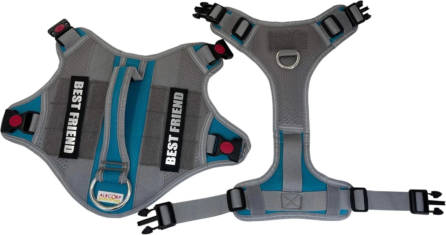 Albcorp Tactical Working Dog Vest Harness - No-Pull Service Dog Jacket with Reflective Hook & Loop Patches - Padded Handle, Buckles with Quick Release Buttons, Adjustable Straps - Blue, Medium