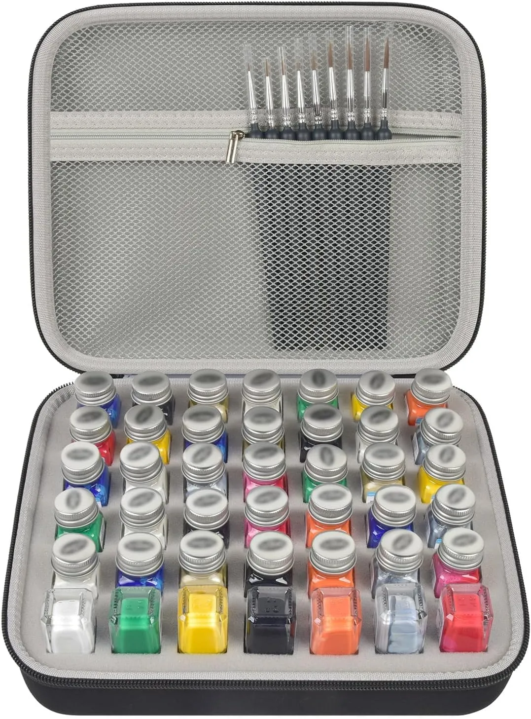 ALKOO Model Paint Storage Case Compatible with Testors Paint Set, 42PCS Paints Organizer Carrying Bag Holds Bottles with 9 Fine Detail Miniatures Brushes, Enamel Container (Grey)