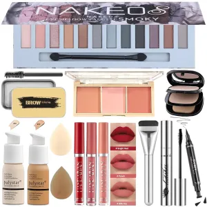 All in One Makeup Kit for Women-Full Professional Kit With 12 Color Eyeshadow, Foundation, Lipsticks, Eyeliner, Blush, Eyebrow Soap, Makeup Brush, Makeup Gift Set for Women Teens (Cool Grey)