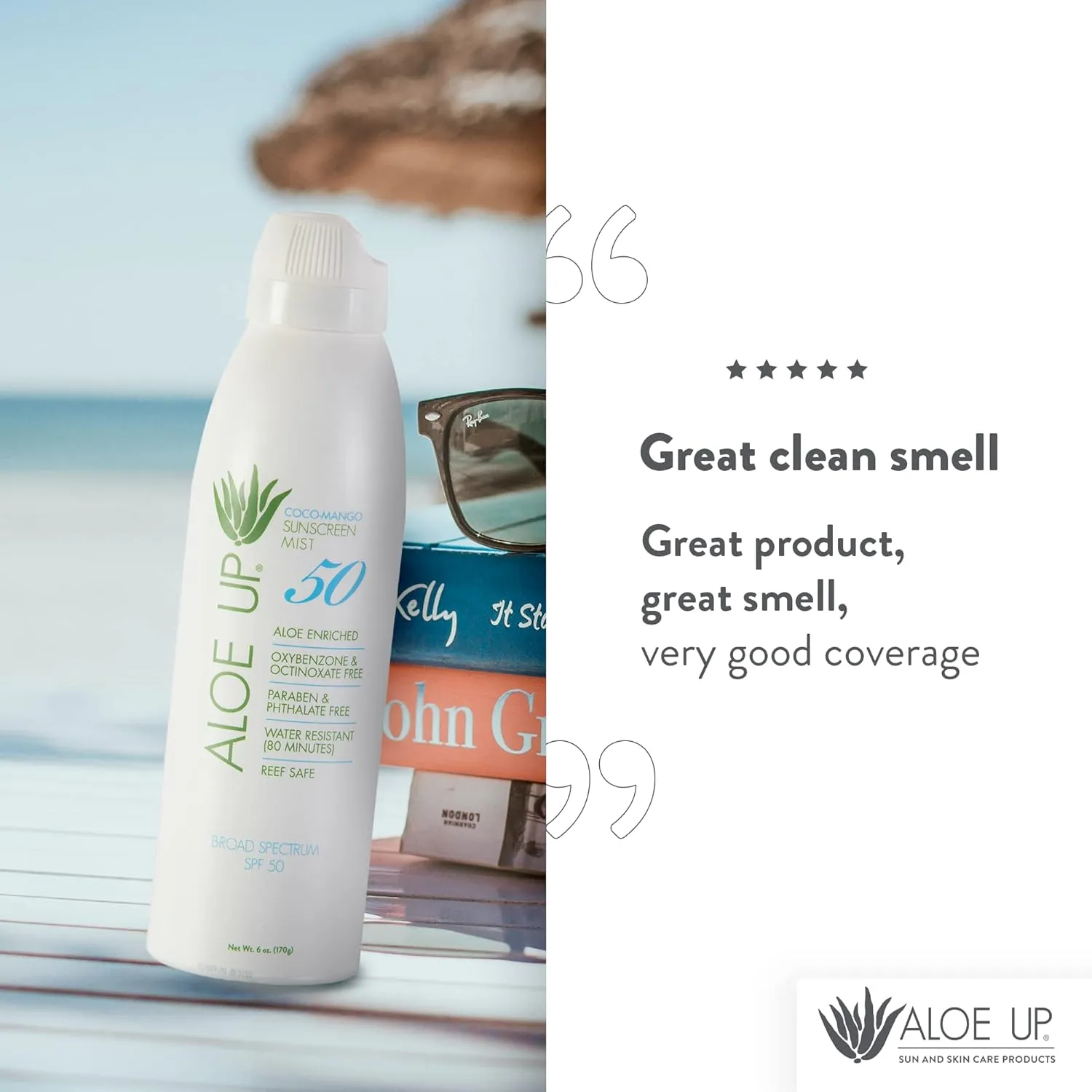 Aloe Up White Collection Continuous Sunscreen Spray SPF 50 Broad Spectrum UVA/UVB Sunscreen Protector for Face and Body with Moisturizing Aloe Vera Gel Reef Safe Coco Mango Fragrance 5.5 Fl. Oz