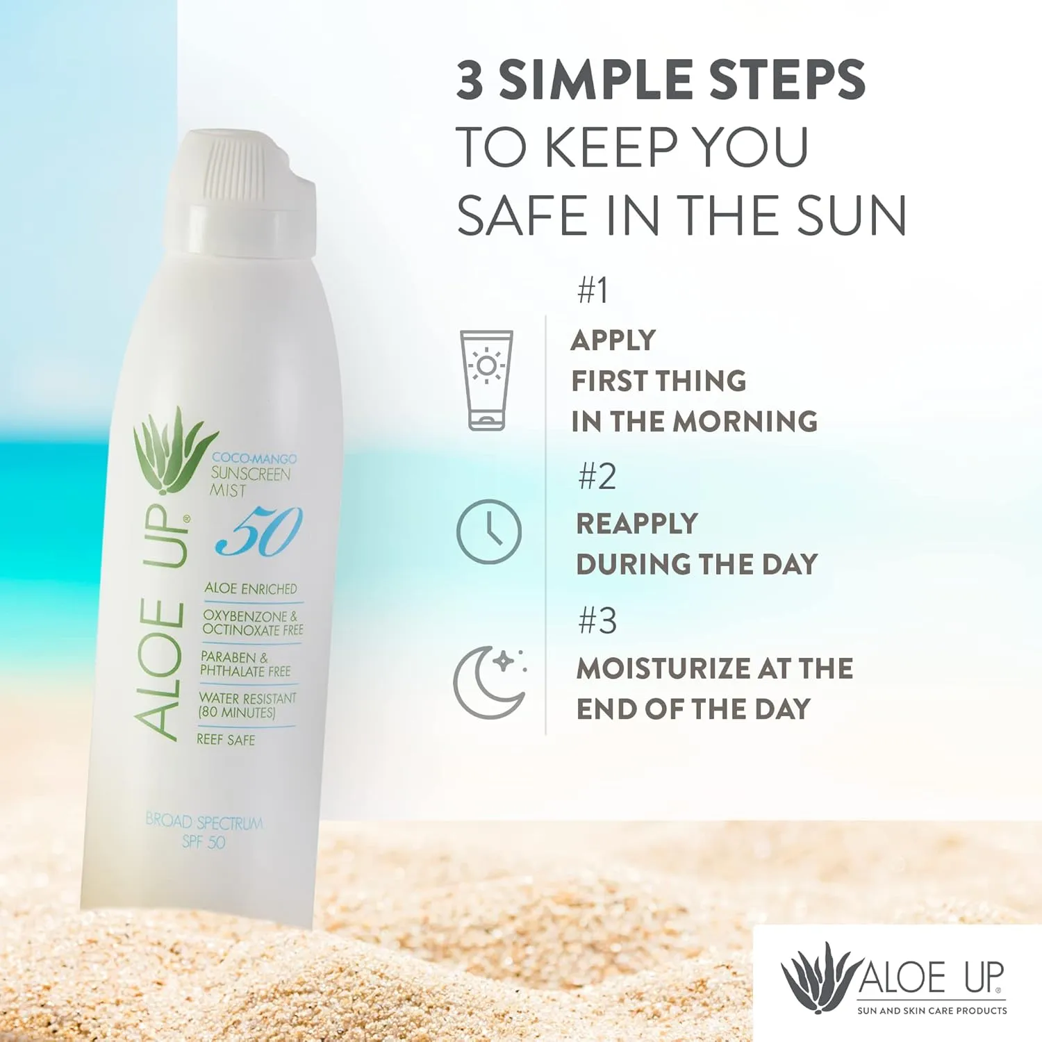 Aloe Up White Collection Continuous Sunscreen Spray SPF 50 Broad Spectrum UVA/UVB Sunscreen Protector for Face and Body with Moisturizing Aloe Vera Gel Reef Safe Coco Mango Fragrance 5.5 Fl. Oz