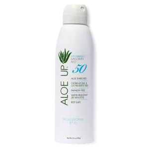 Aloe Up White Collection Continuous Sunscreen Spray SPF 50 Broad Spectrum UVA/UVB Sunscreen Protector for Face and Body with Moisturizing Aloe Vera Gel Reef Safe Coco Mango Fragrance 5.5 Fl. Oz
