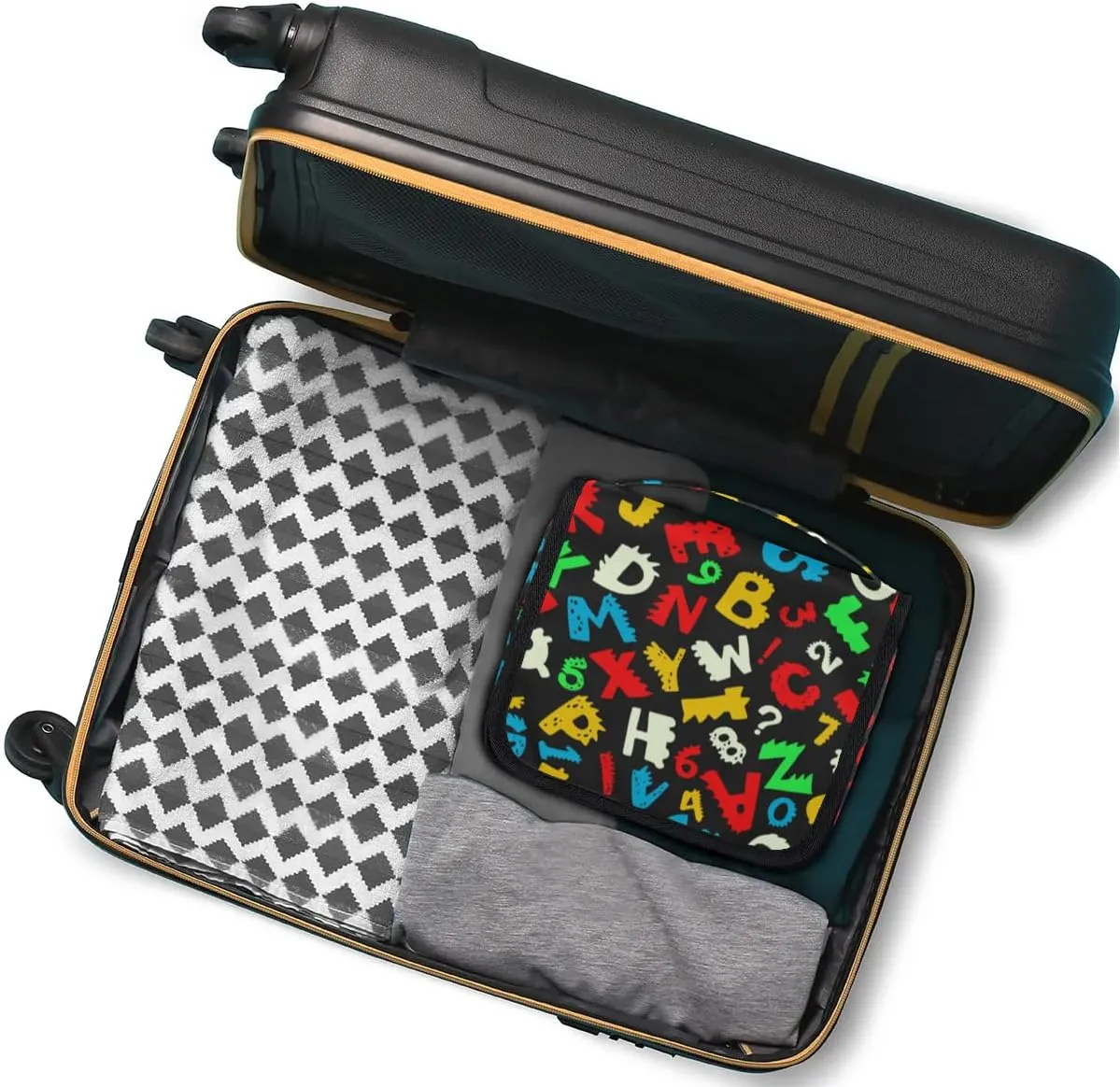 Alphabet Hanging Travel Toiletry Bag for Kids, Women Cosmetic Organizer Makeup Bag Pouch Men Shaving Dopp Kit Shower Bag With Sturdy Hook