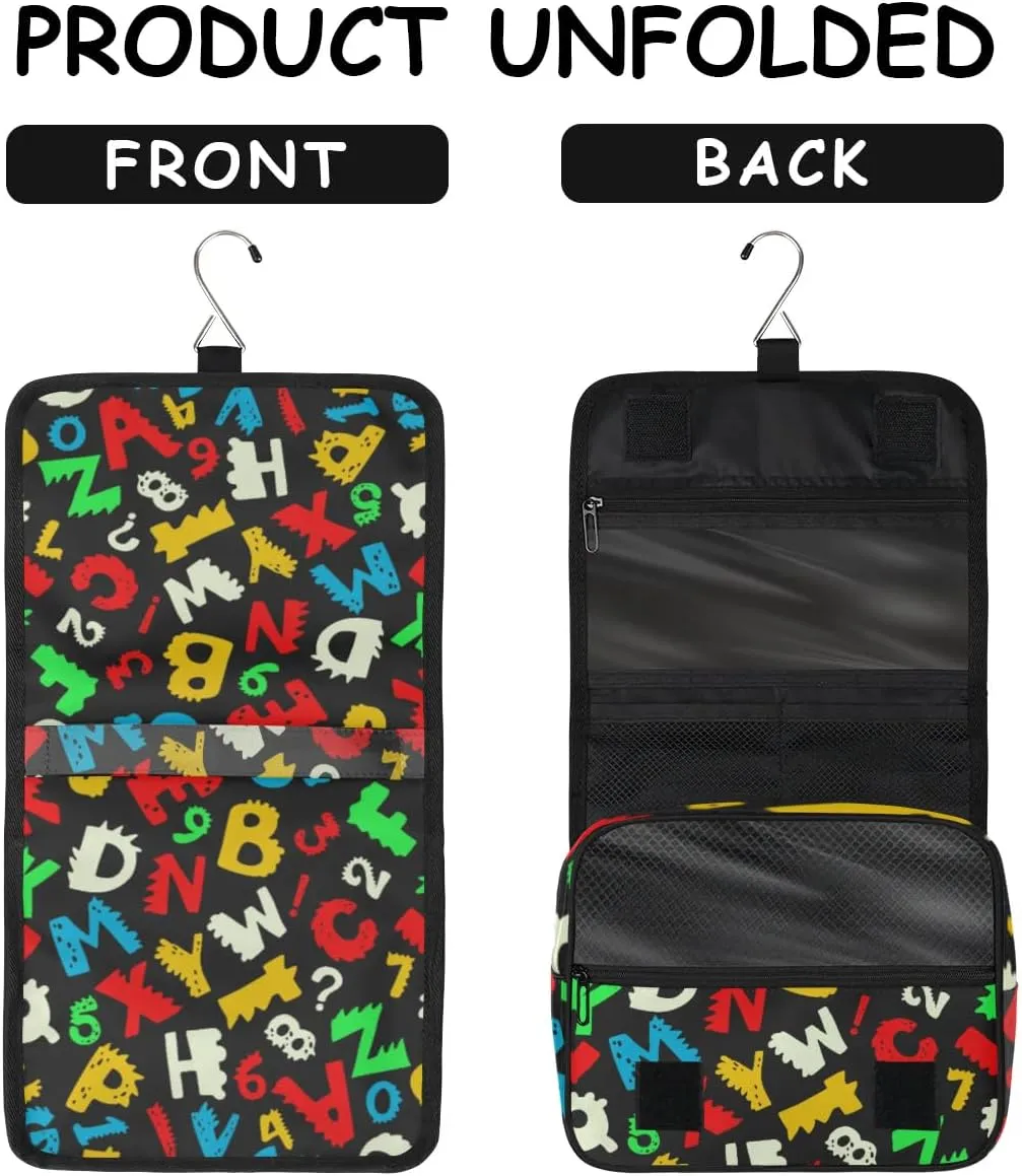 Alphabet Hanging Travel Toiletry Bag for Kids, Women Cosmetic Organizer Makeup Bag Pouch Men Shaving Dopp Kit Shower Bag With Sturdy Hook