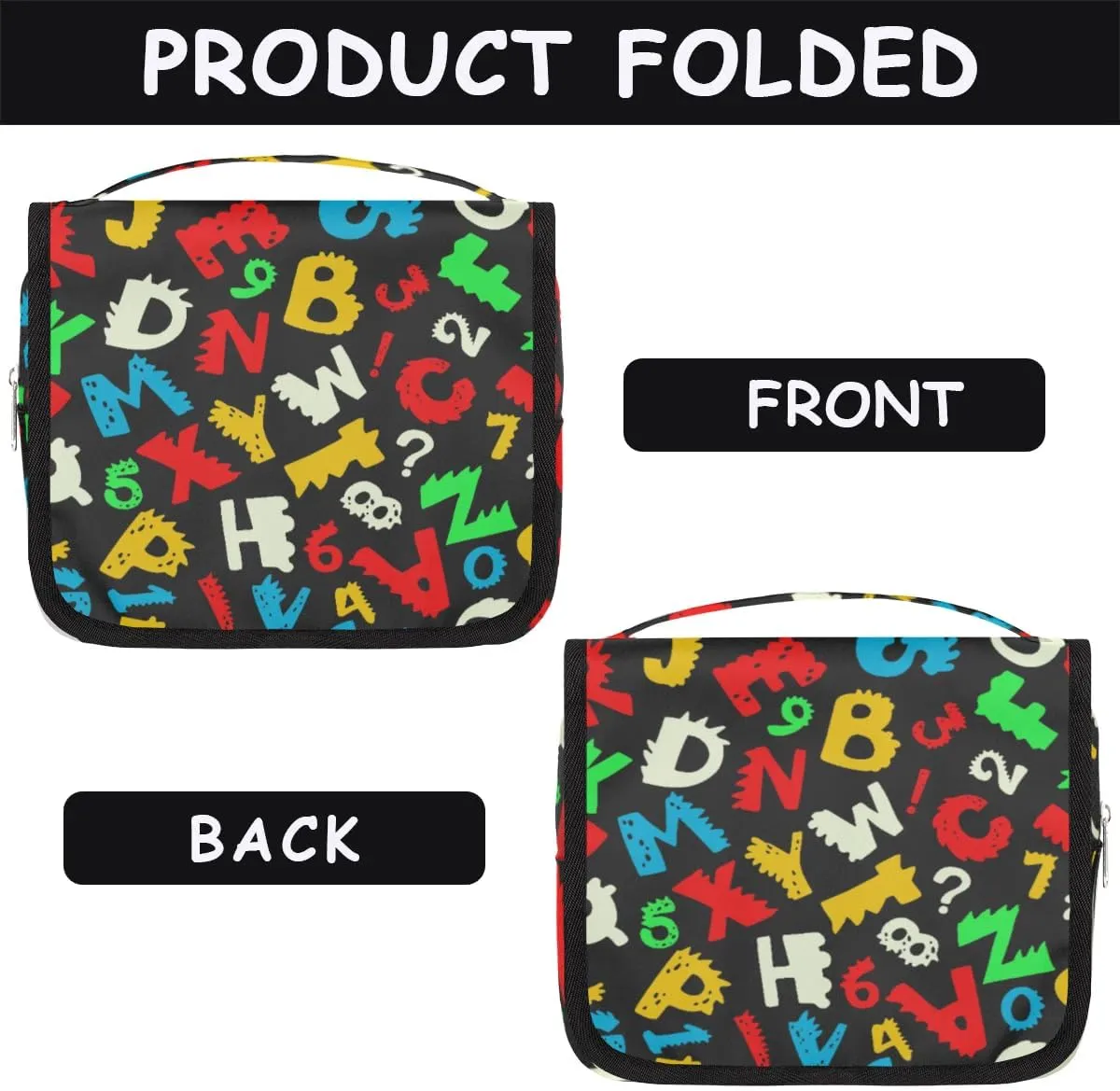 Alphabet Hanging Travel Toiletry Bag for Kids, Women Cosmetic Organizer Makeup Bag Pouch Men Shaving Dopp Kit Shower Bag With Sturdy Hook