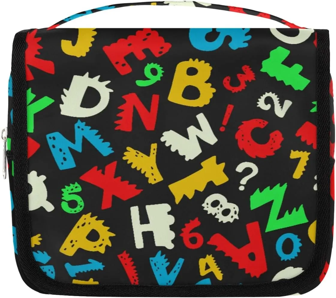 Alphabet Hanging Travel Toiletry Bag for Kids, Women Cosmetic Organizer Makeup Bag Pouch Men Shaving Dopp Kit Shower Bag With Sturdy Hook