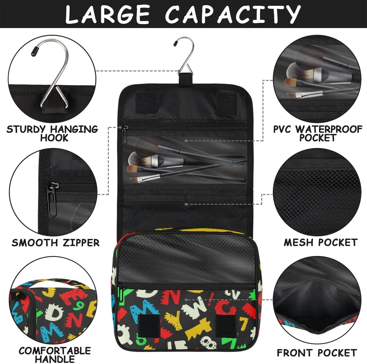 Alphabet Hanging Travel Toiletry Bag for Kids, Women Cosmetic Organizer Makeup Bag Pouch Men Shaving Dopp Kit Shower Bag With Sturdy Hook