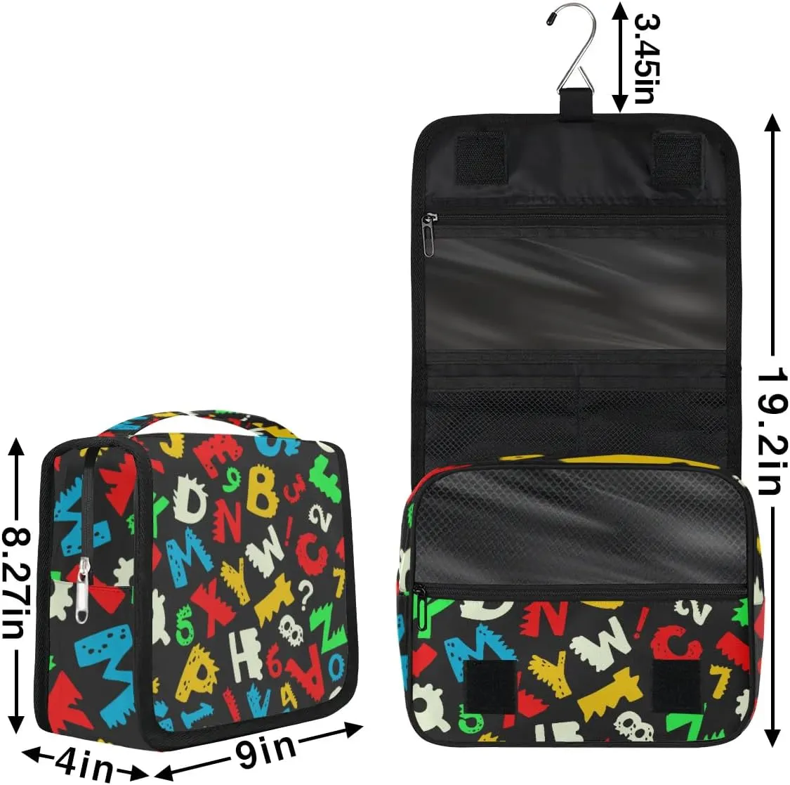 Alphabet Hanging Travel Toiletry Bag for Kids, Women Cosmetic Organizer Makeup Bag Pouch Men Shaving Dopp Kit Shower Bag With Sturdy Hook