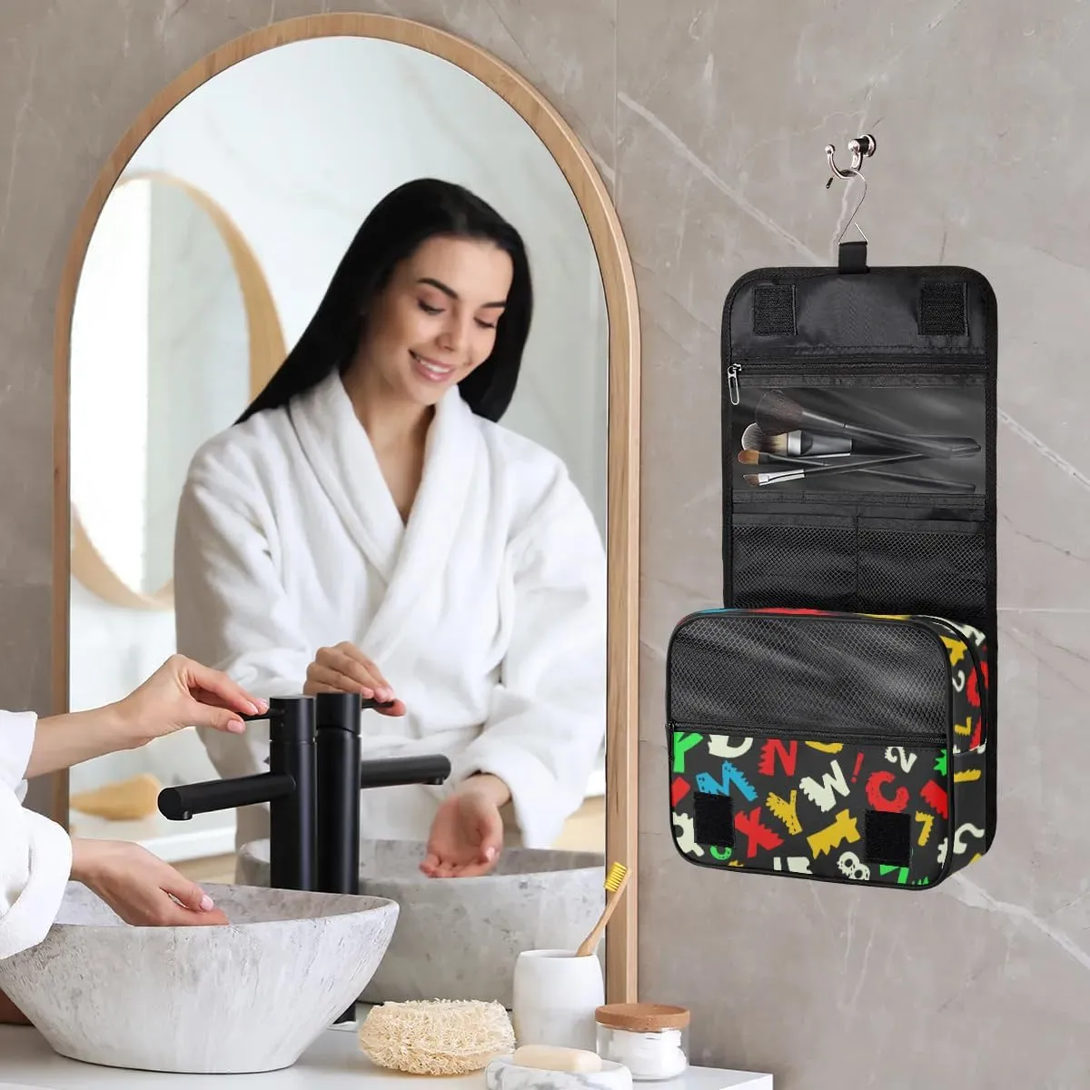 Alphabet Hanging Travel Toiletry Bag for Kids, Women Cosmetic Organizer Makeup Bag Pouch Men Shaving Dopp Kit Shower Bag With Sturdy Hook