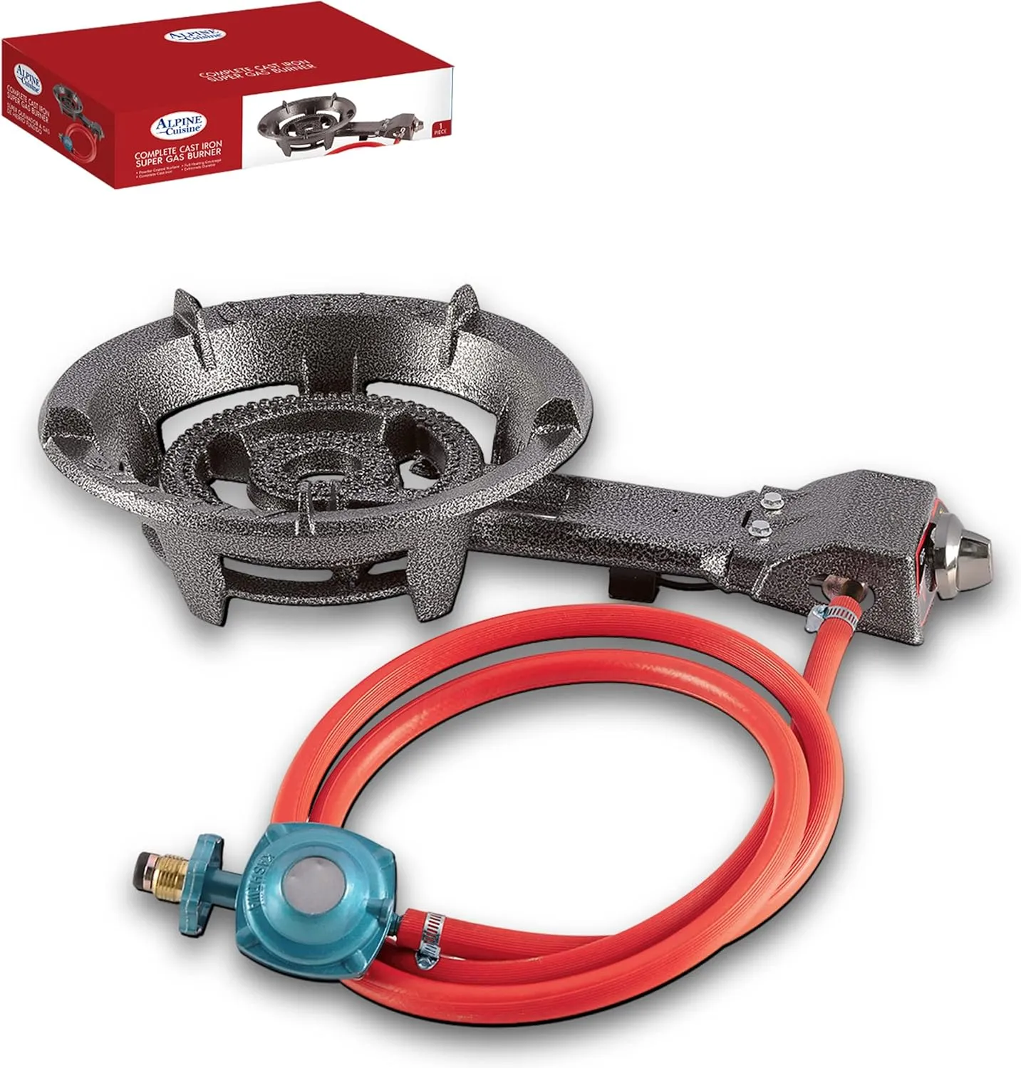 Alpine Cuisine 40,000 BTU Gas Stove Burner 13 Inch with Cast Iron legs | High-Pressure Cast-Iron Propane Burner & Hose - Kitchen Equipment & Camping Burner | Perfect for Home & Outdoor Cooking