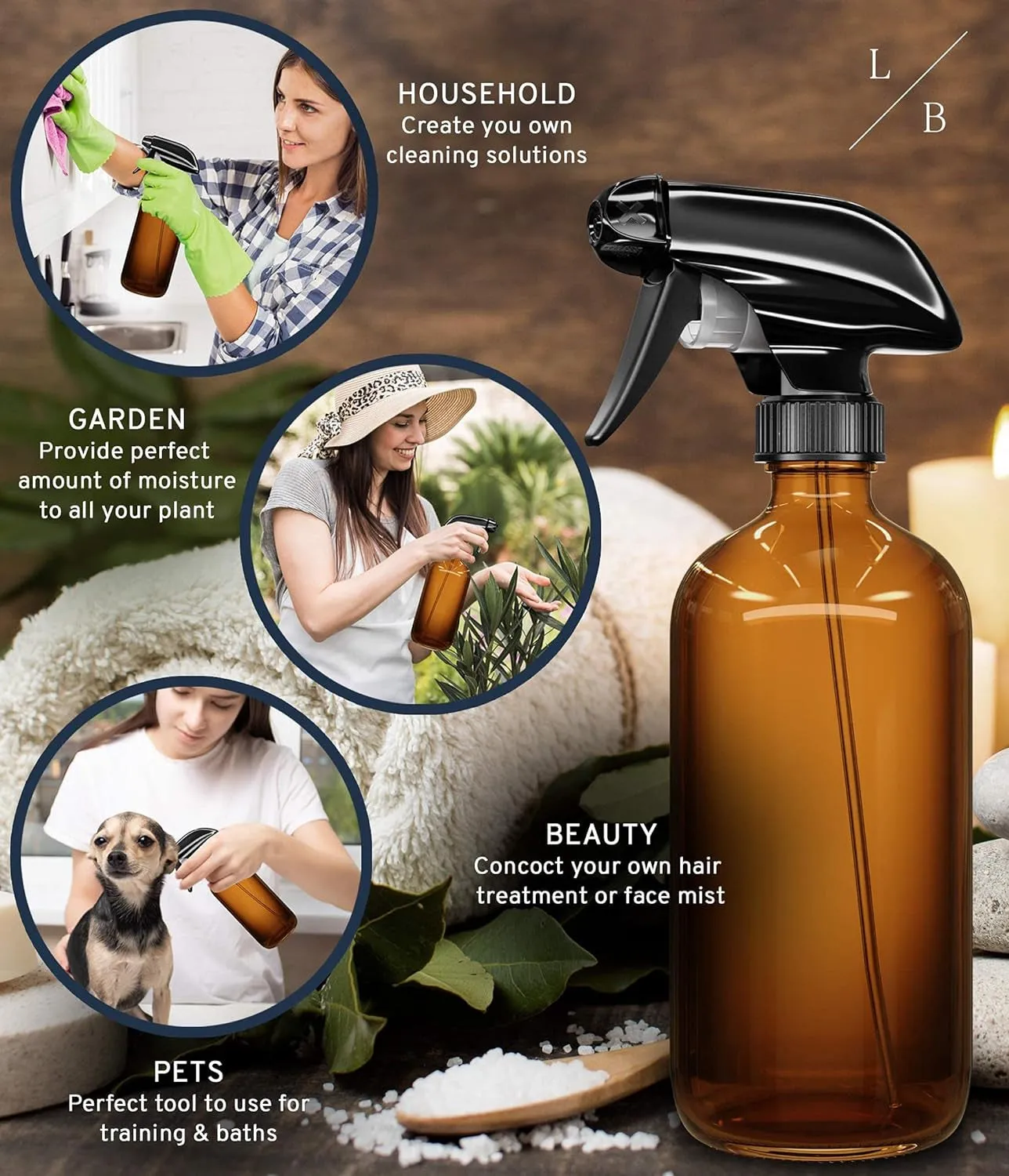 Amber Glass Spray Bottles 2 Pack, 16 Oz Refillable Empty Spray Bottle for Cleaning, Essential Oils, Hair, Plants, Adjustable Nozzle for Squirt and Mist, Bleach/Vinegar/Rubbing Alcohol Safe