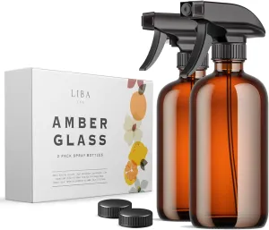Amber Glass Spray Bottles 2 Pack, 16 Oz Refillable Empty Spray Bottle for Cleaning, Essential Oils, Hair, Plants, Adjustable Nozzle for Squirt and Mist, Bleach/Vinegar/Rubbing Alcohol Safe