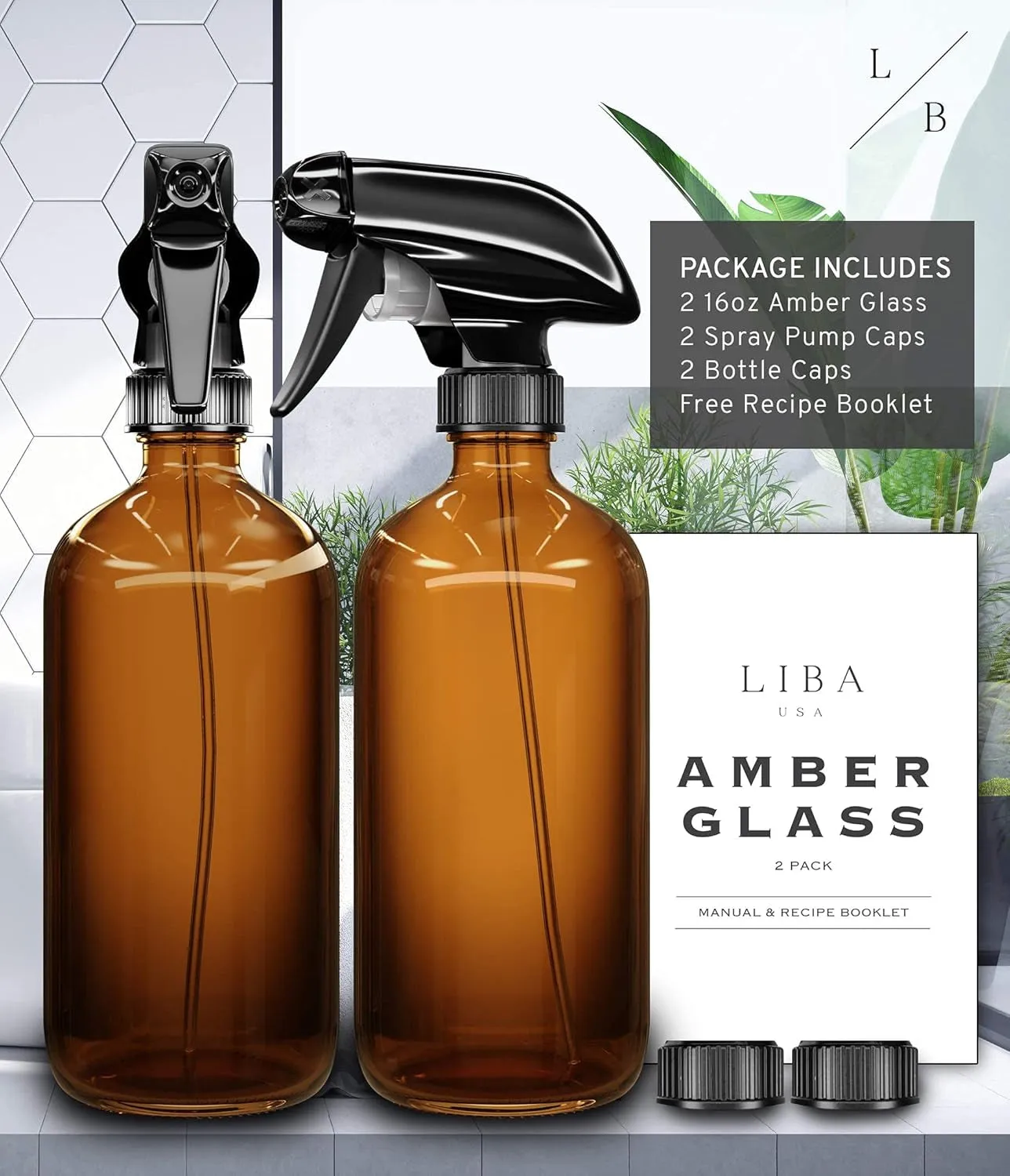 Amber Glass Spray Bottles 2 Pack, 16 Oz Refillable Empty Spray Bottle for Cleaning, Essential Oils, Hair, Plants, Adjustable Nozzle for Squirt and Mist, Bleach/Vinegar/Rubbing Alcohol Safe
